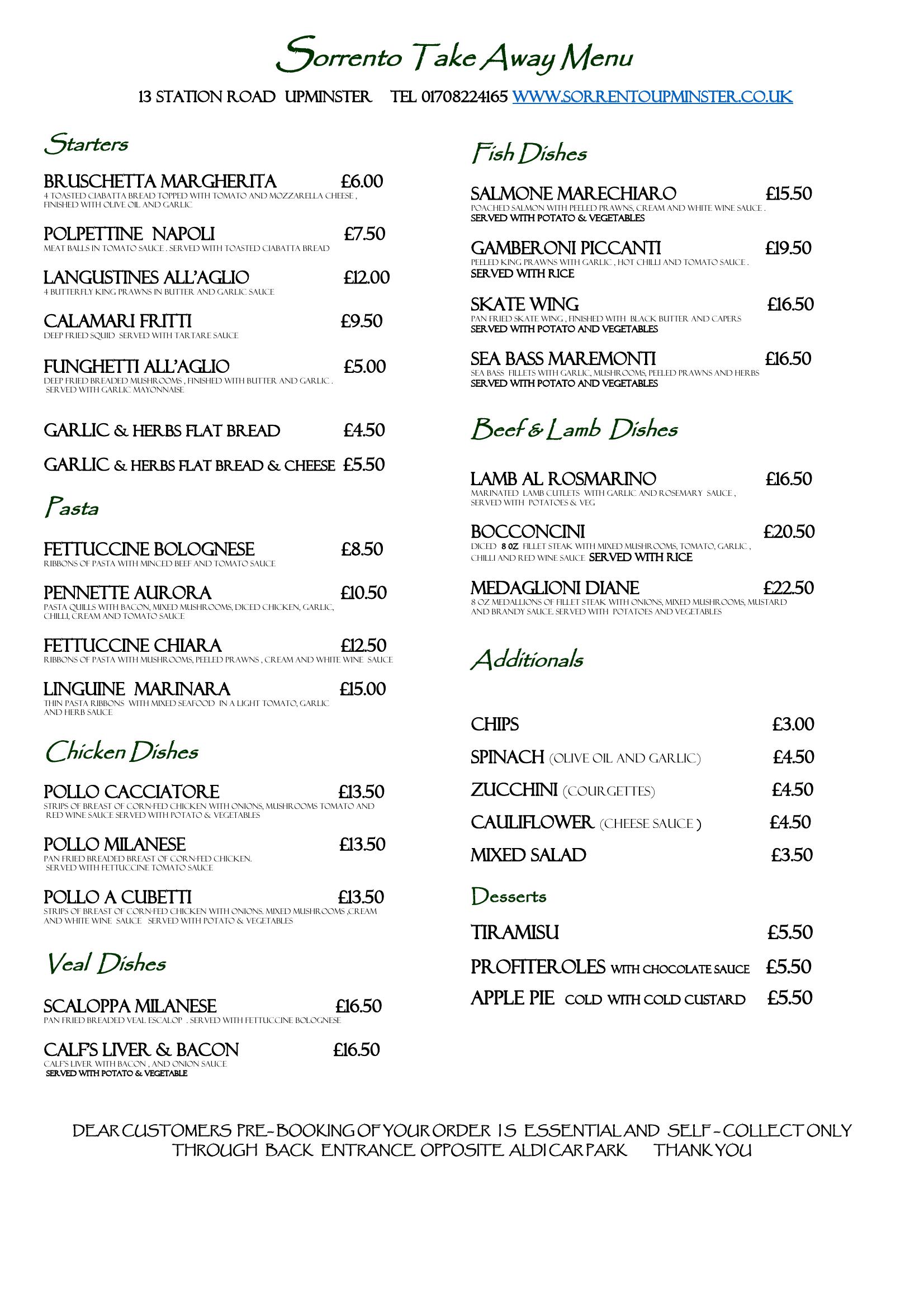 Sorrento Italian Restaurant - main menu
