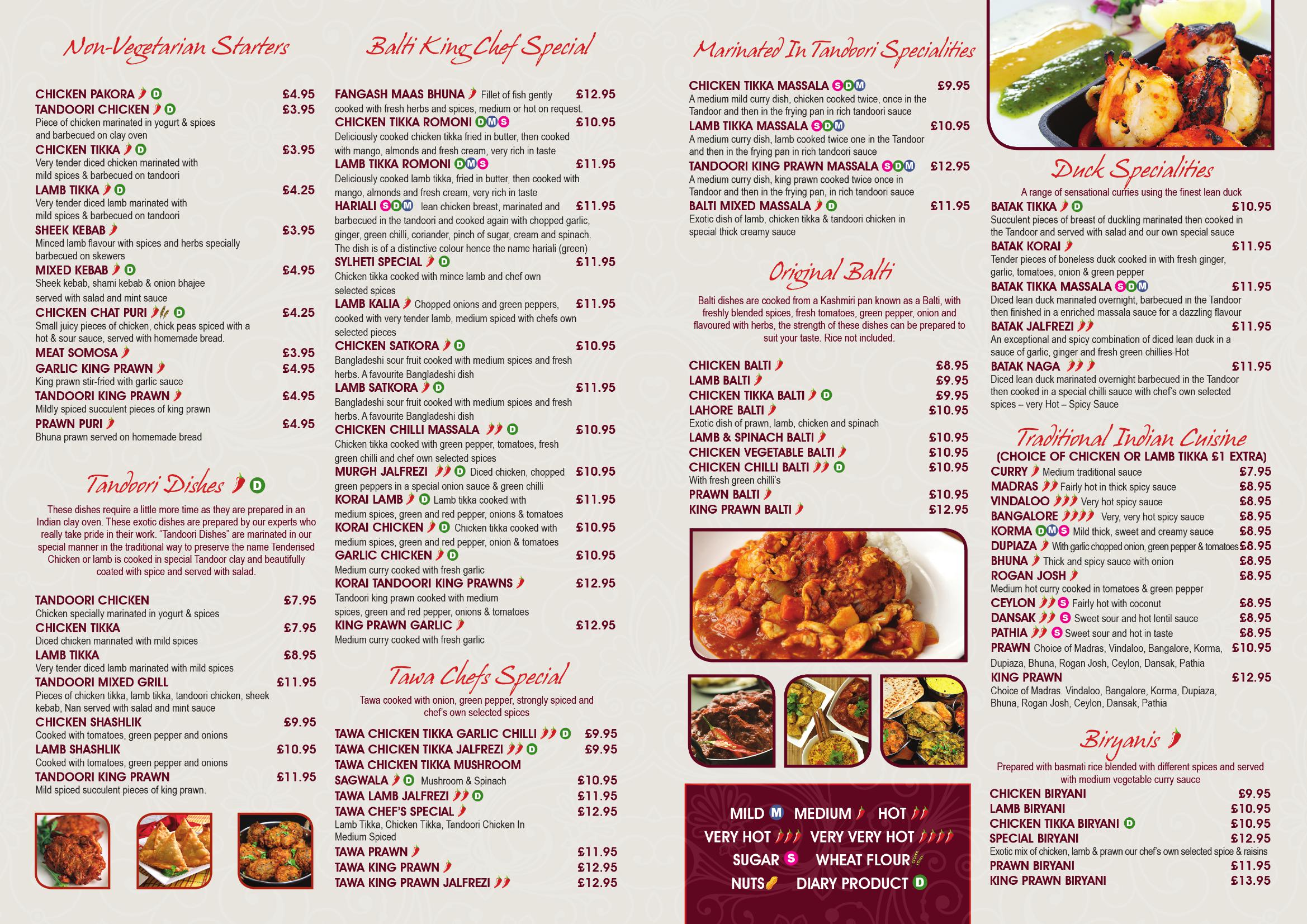 Balti King Restaurant - main menu