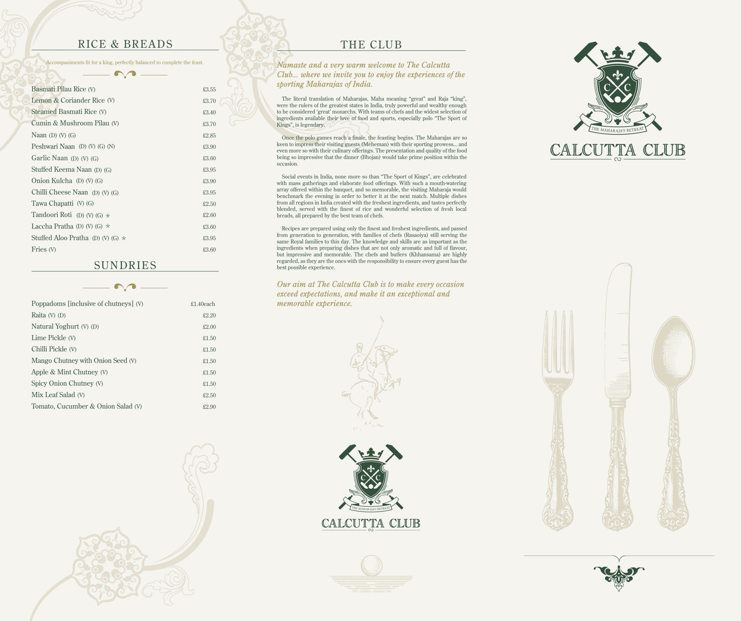 Calcutta Club Indian cuisine - main menu
