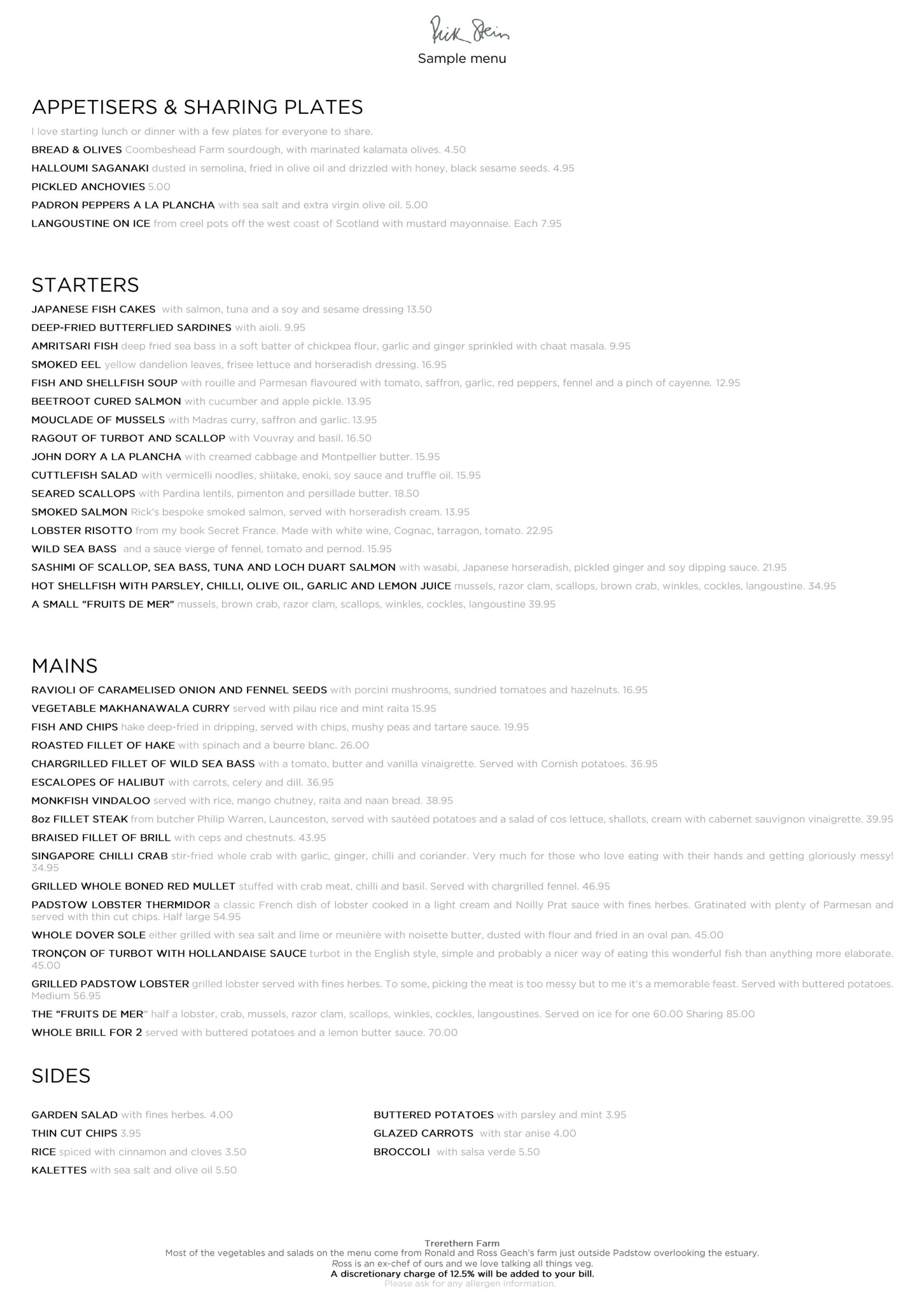 The Seafood Restaurant - main menu