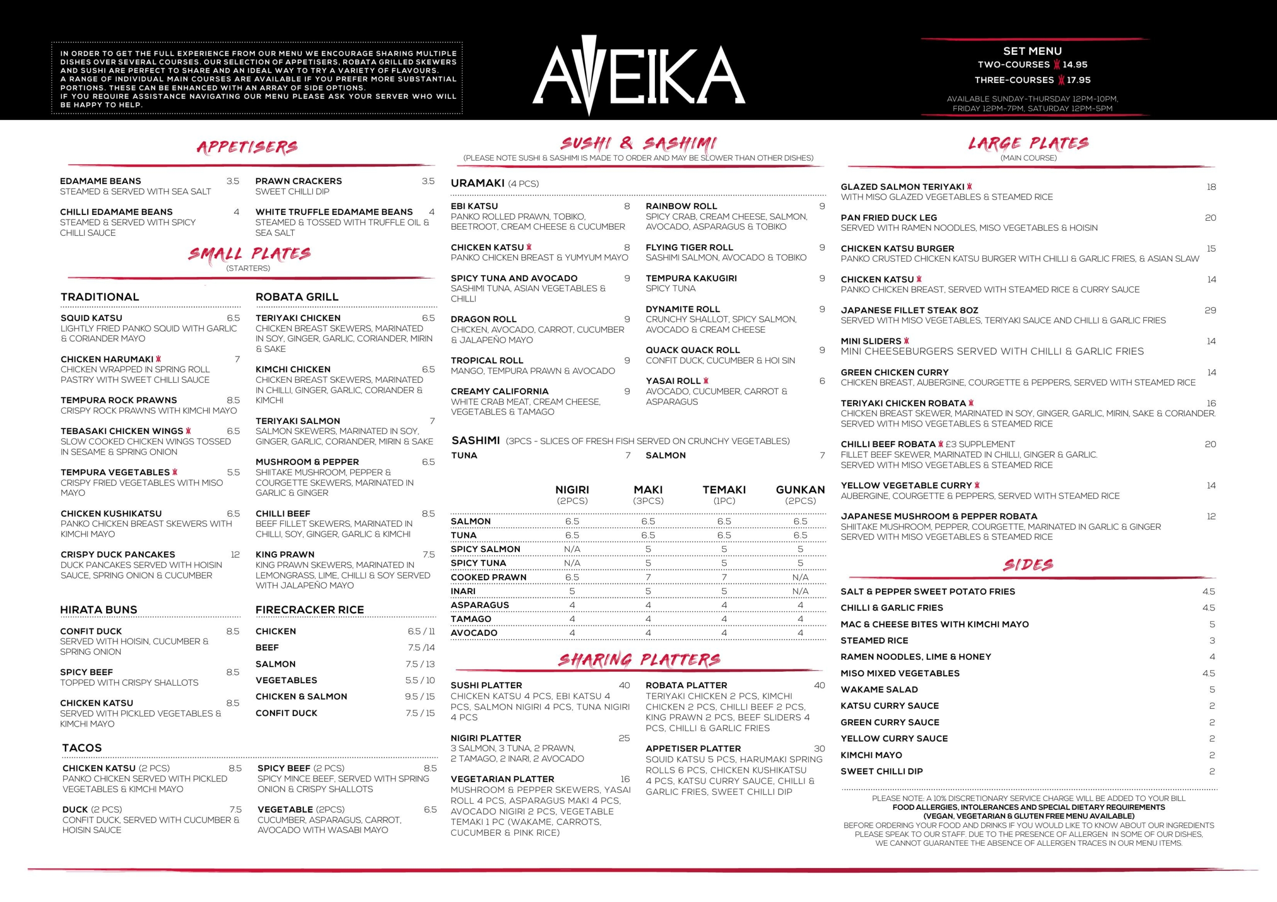 Aveika Japanese cuisine - main menu