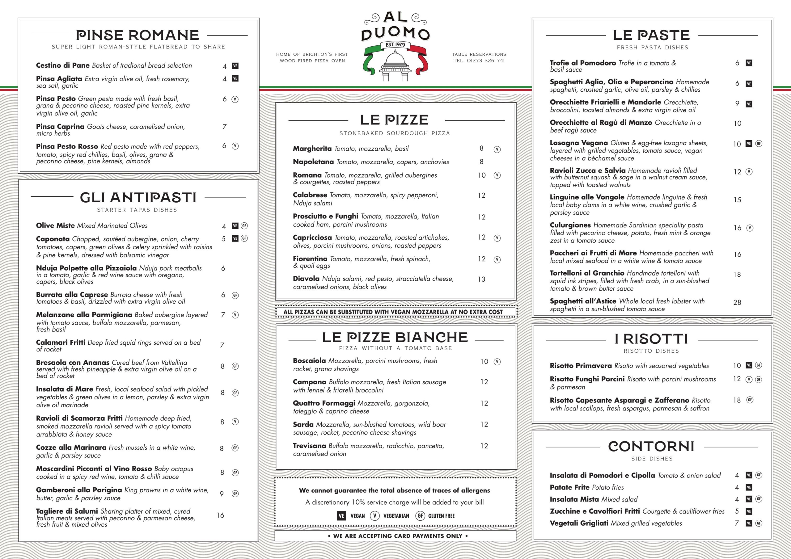 Al Duomo Italian Brighton - main menu