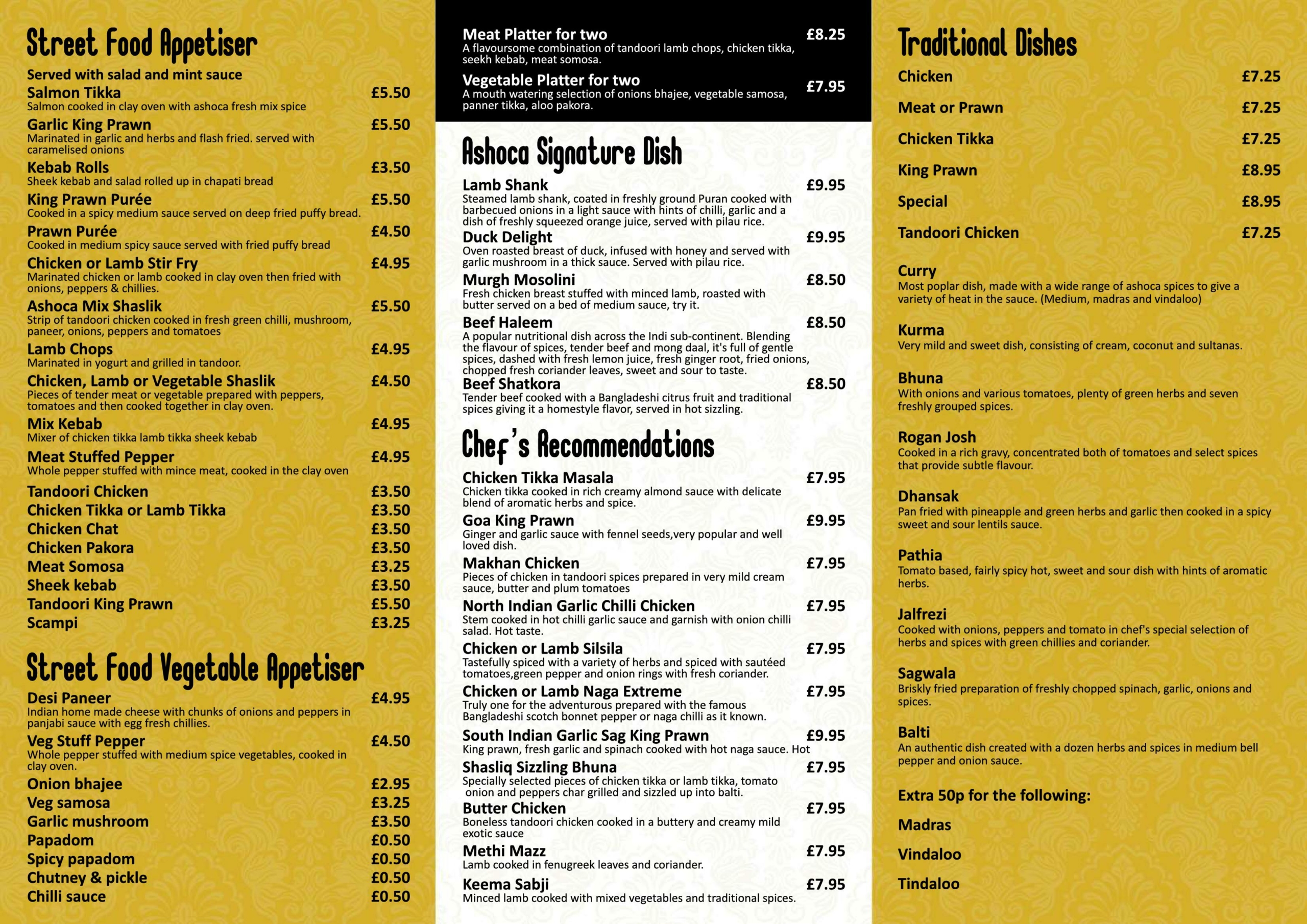 Ashoca Indian Restaurant Bloxwich Walsall - main menu