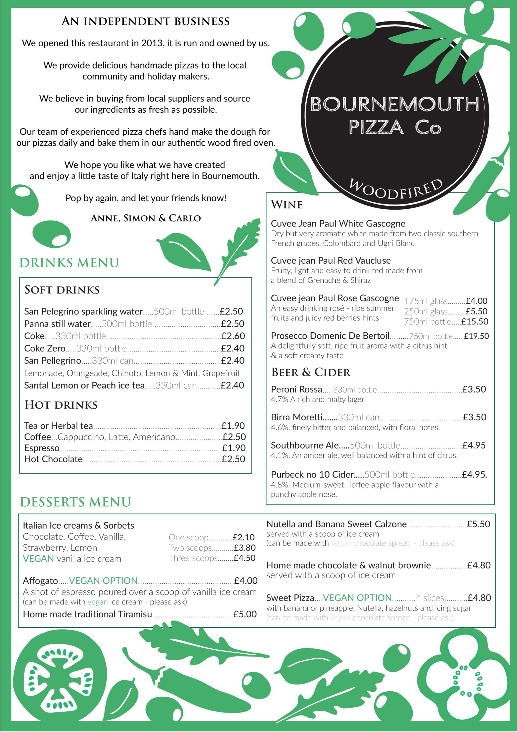 Bournemouth Pizza Co. - main menu