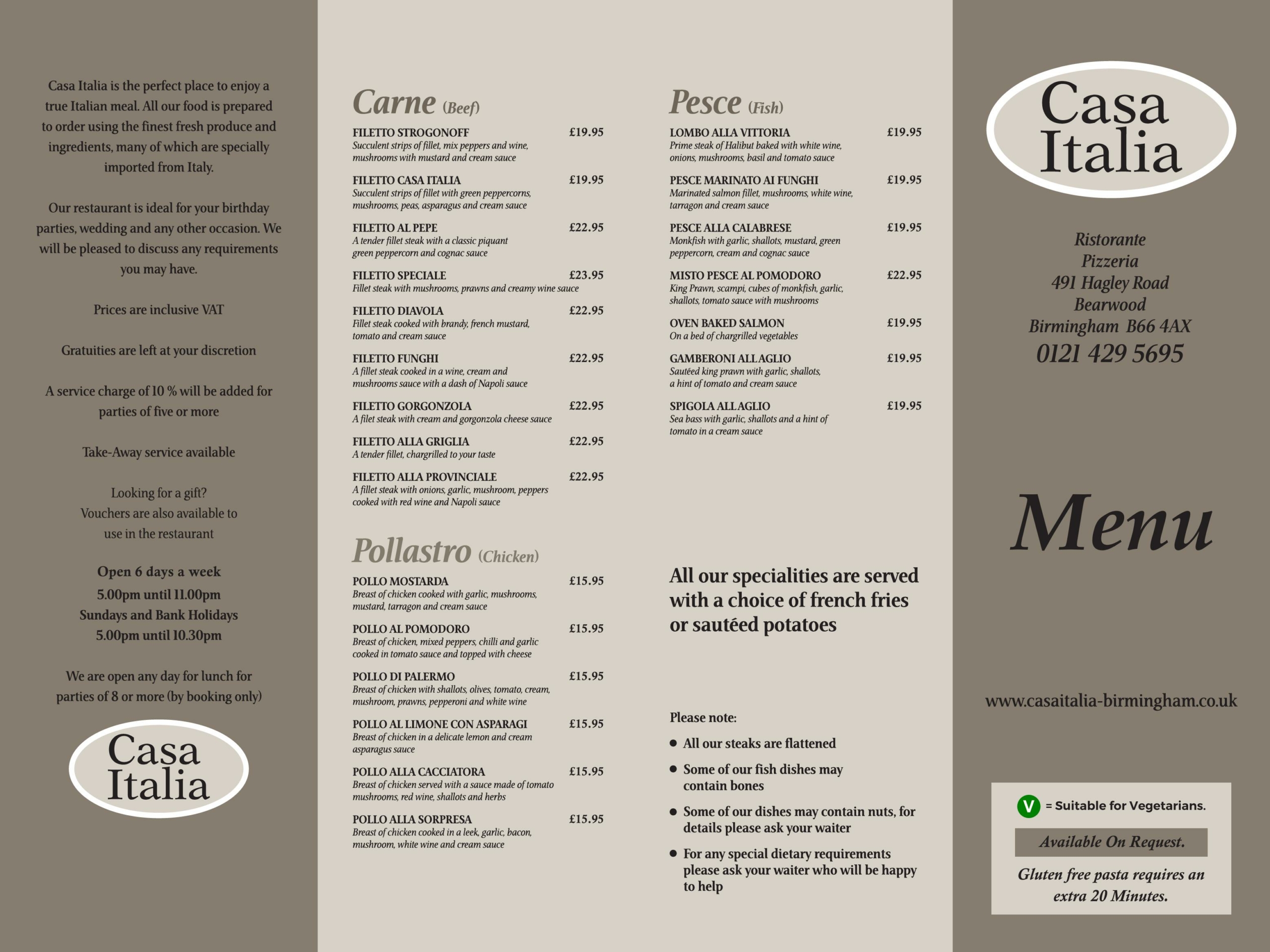 Casa Italia Italian restaurant - main menu
