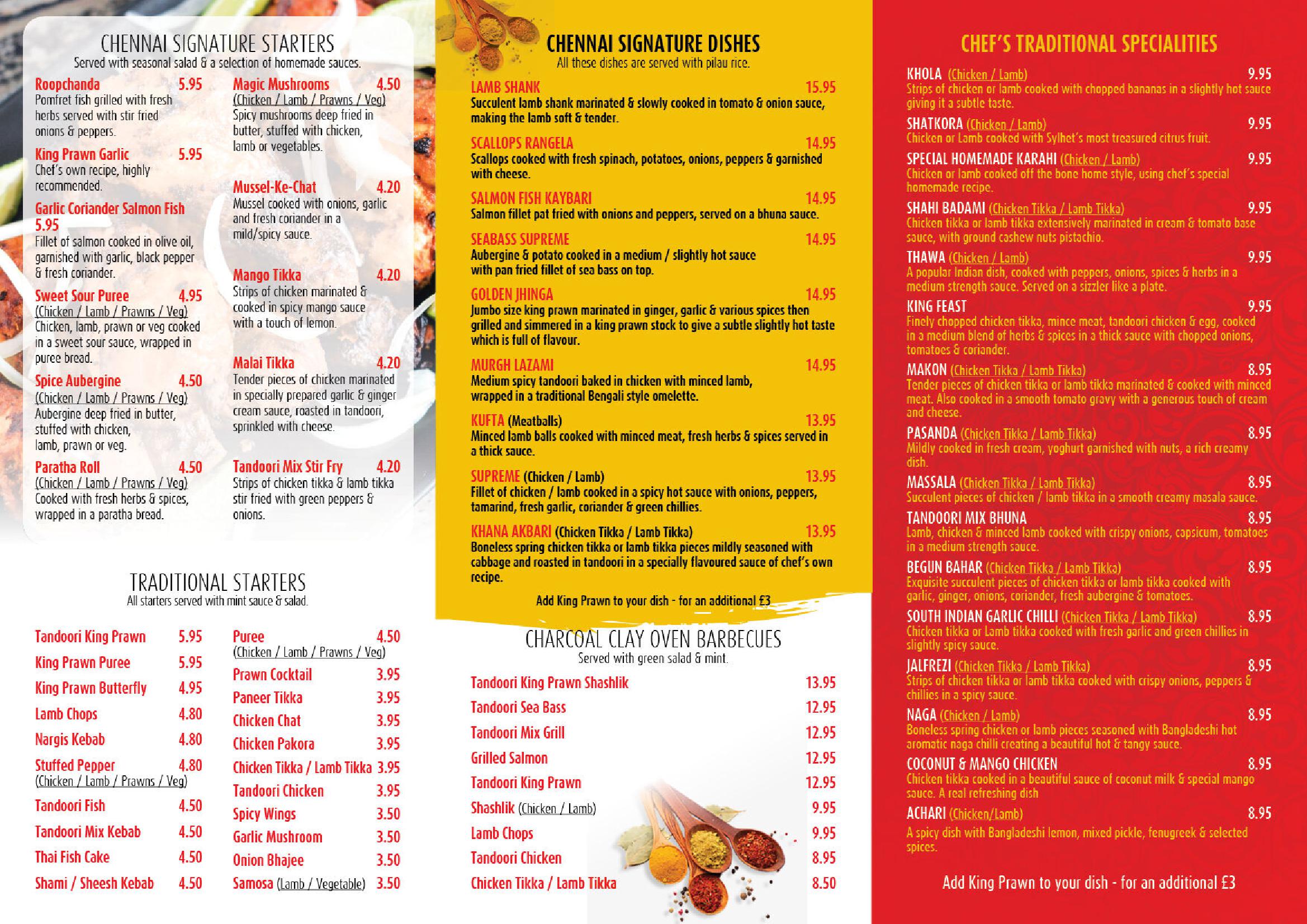 Chennai Lounge Indian Restaurant Bromsgrove - main menu