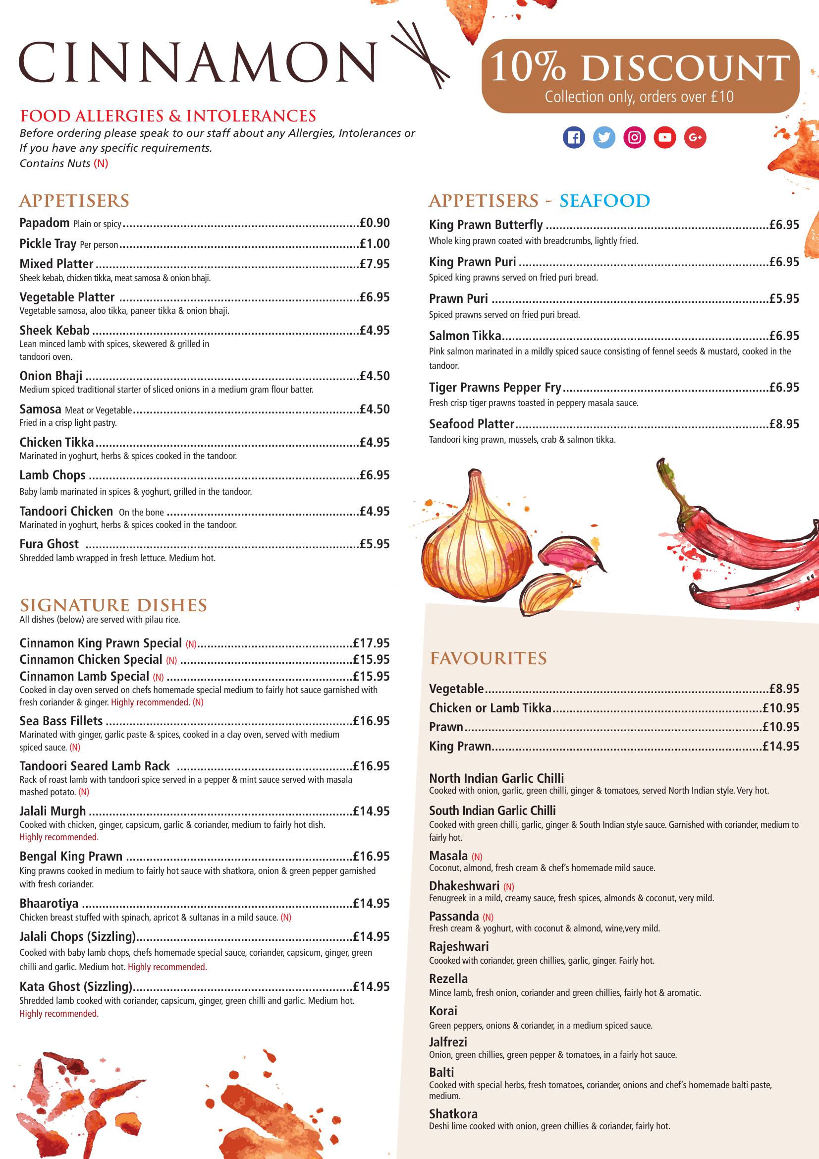Cinnamon Indian restaurant - main menu