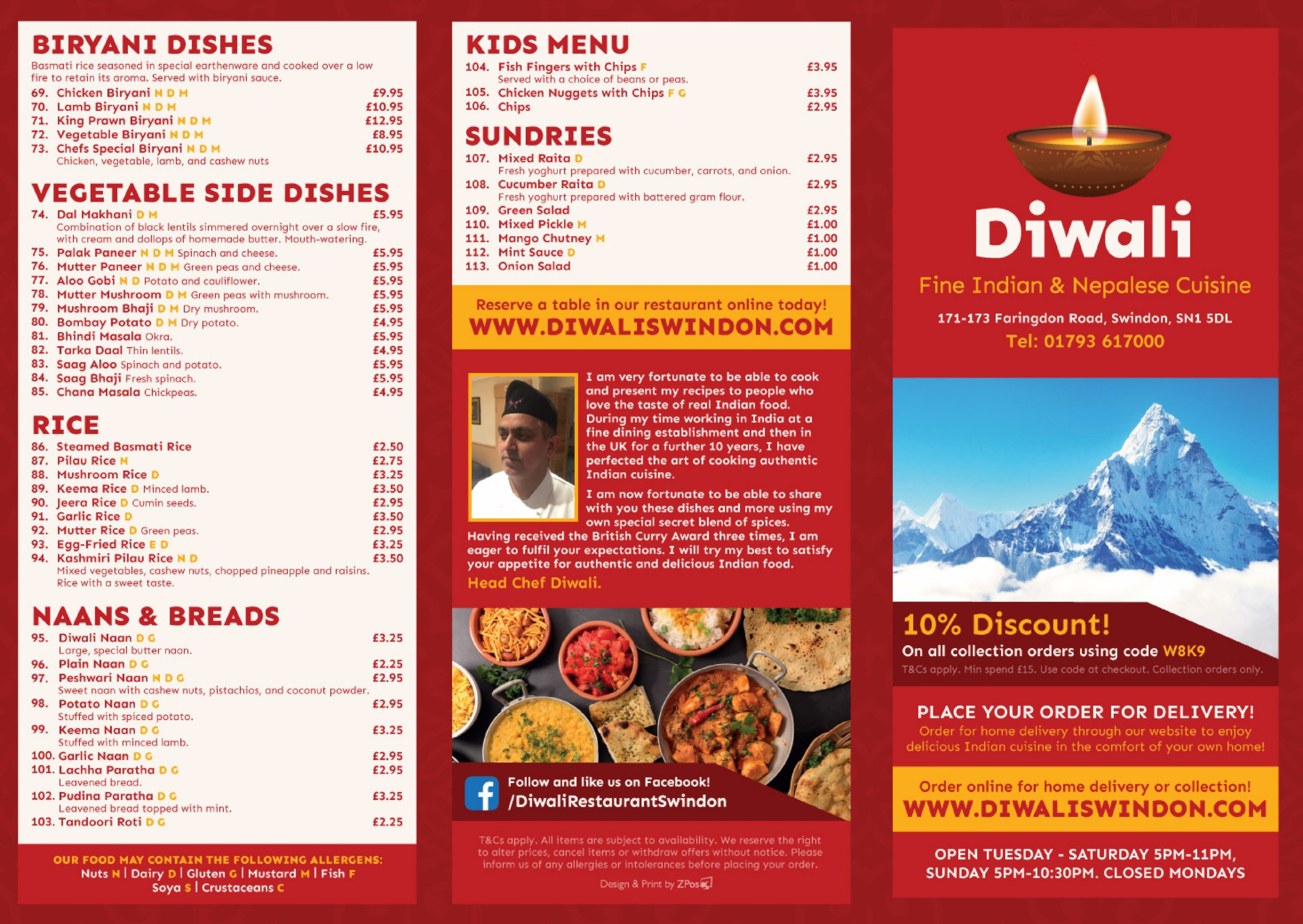Diwali Indian Restaurant - main menu
