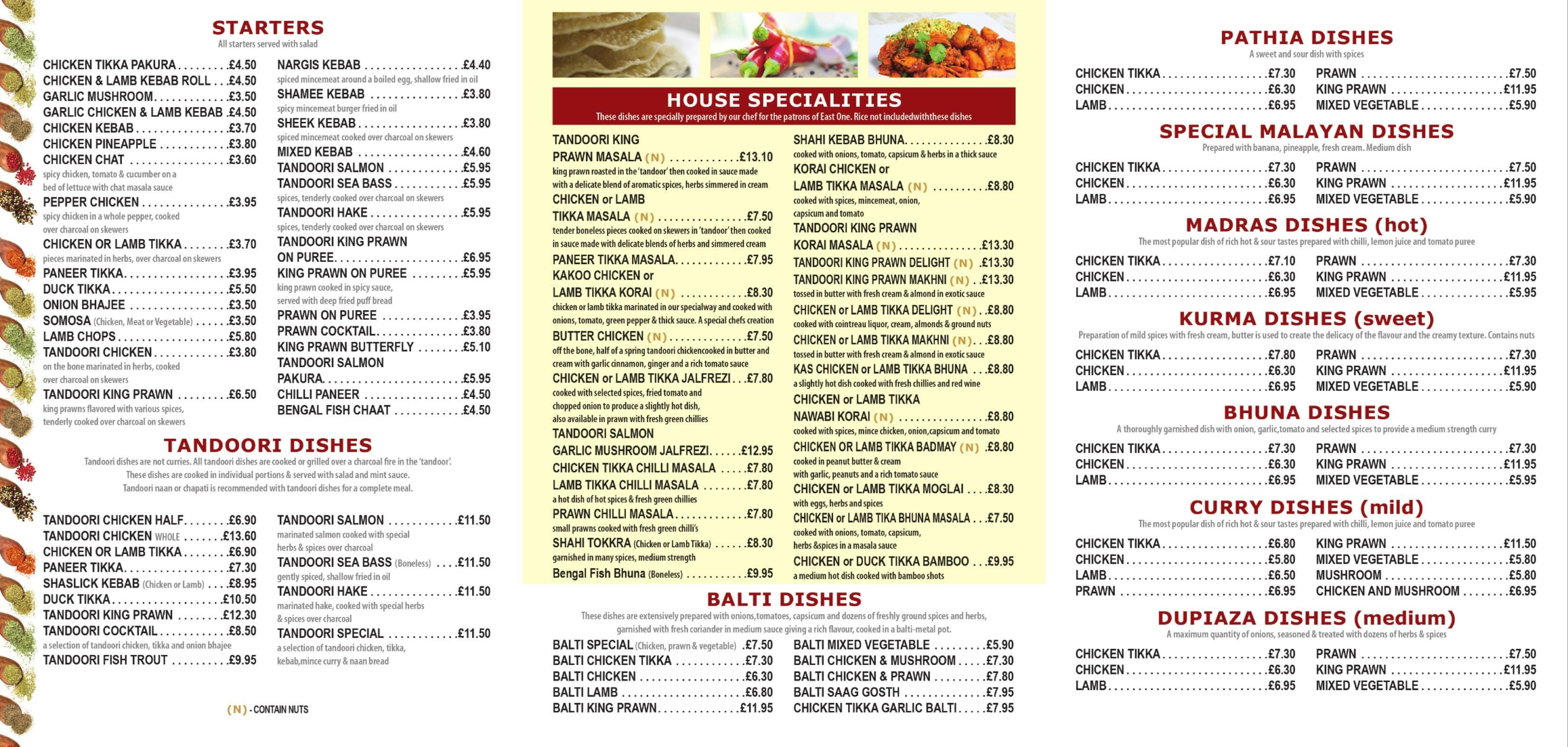 East One Indian Restaurant, Wollaston - main menu