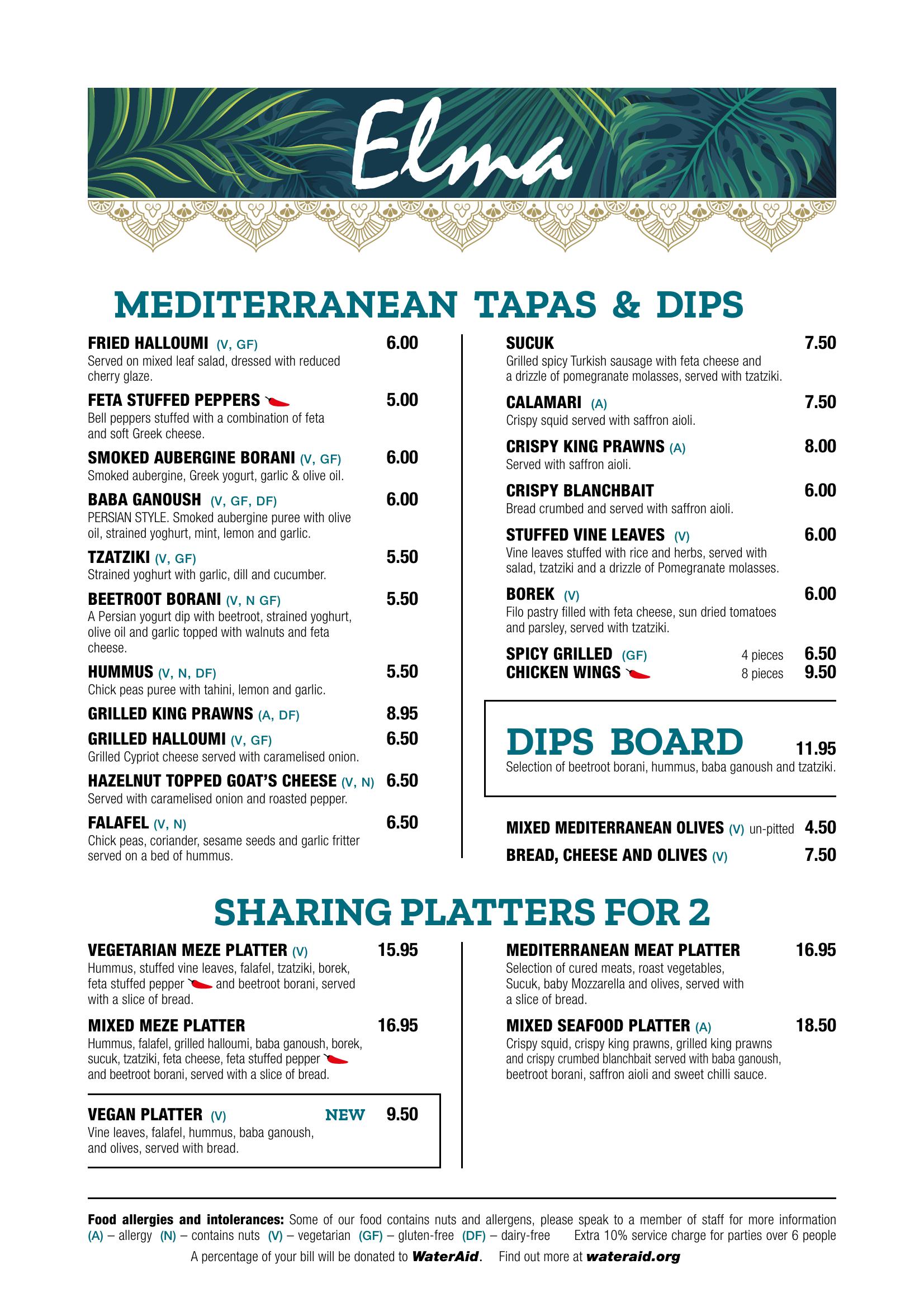 Elma Mediterranean Restaurant - main menu