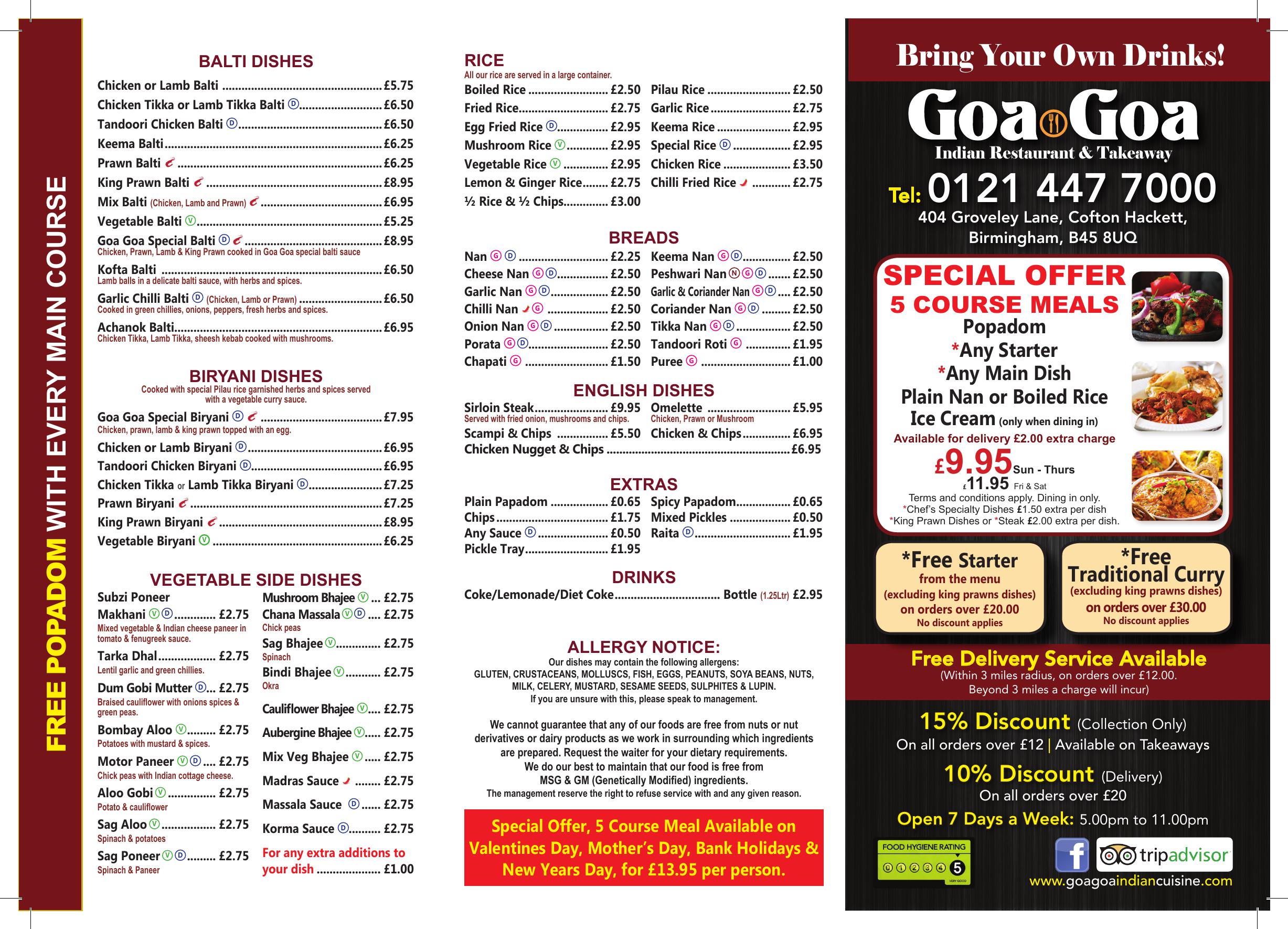 Goa Goa Indian Restaurant Rednal - main menu