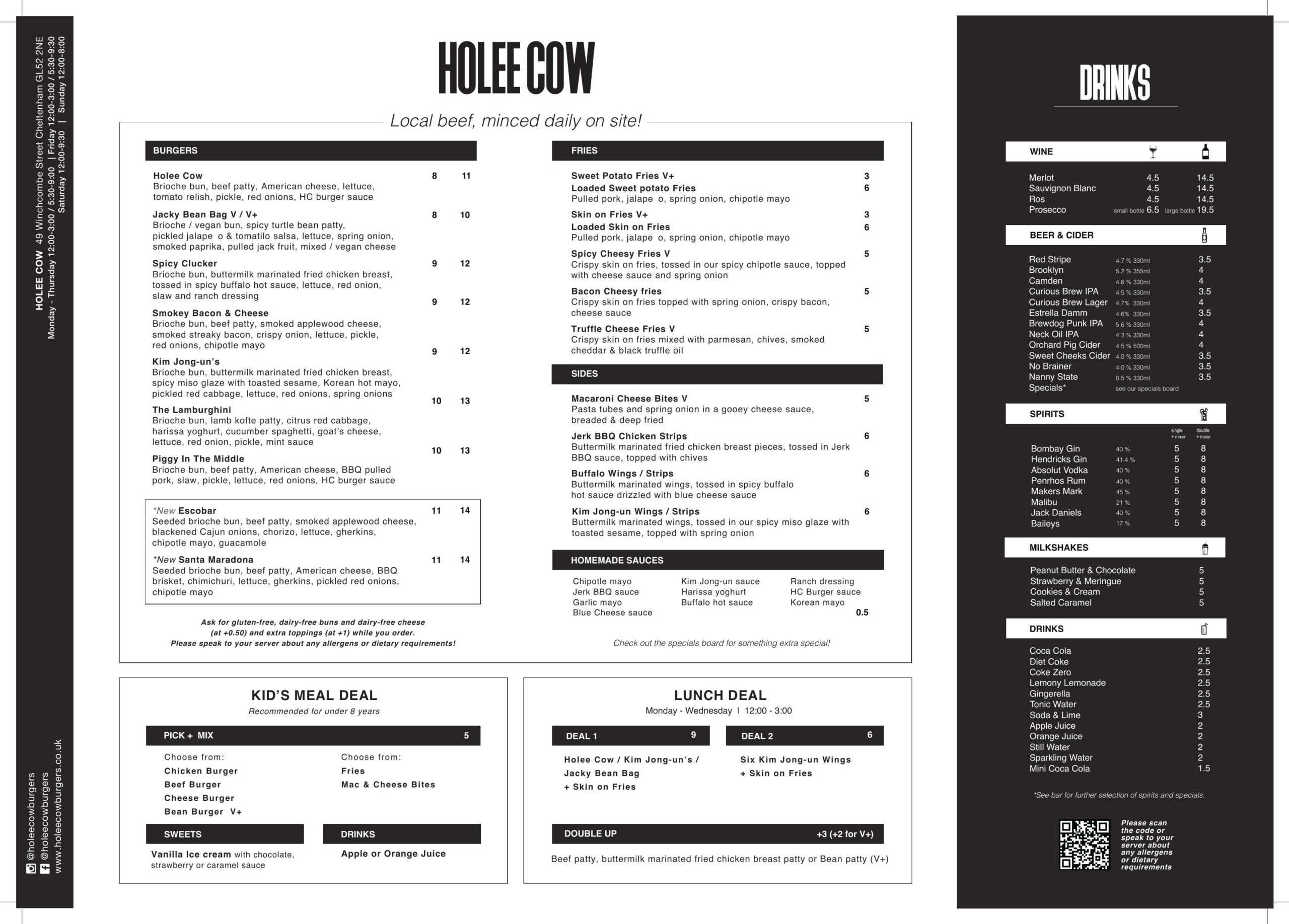 Holee Cow Burgers - main menu
