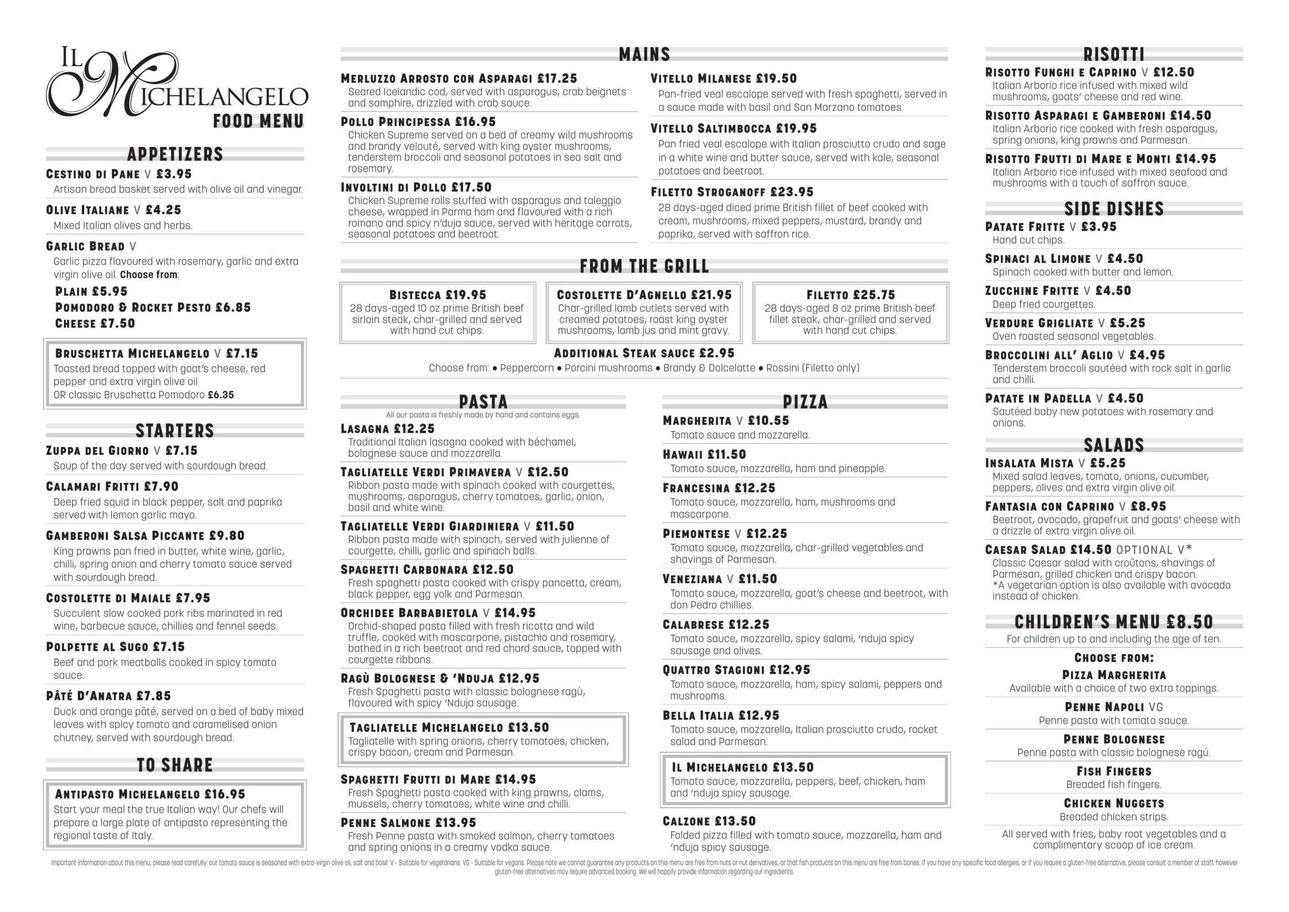 Il Michelangelo Italian Restaurant Brierley Hill, West Midlands - main menu