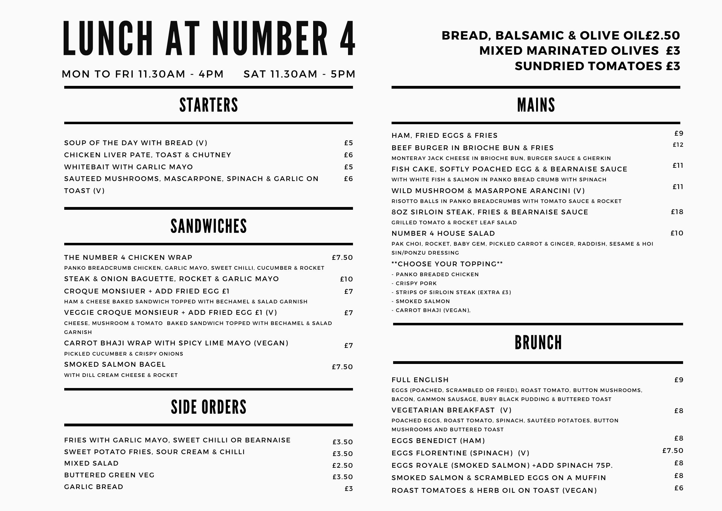 Number Four cafe restaurant Shrewsbury - main menu
