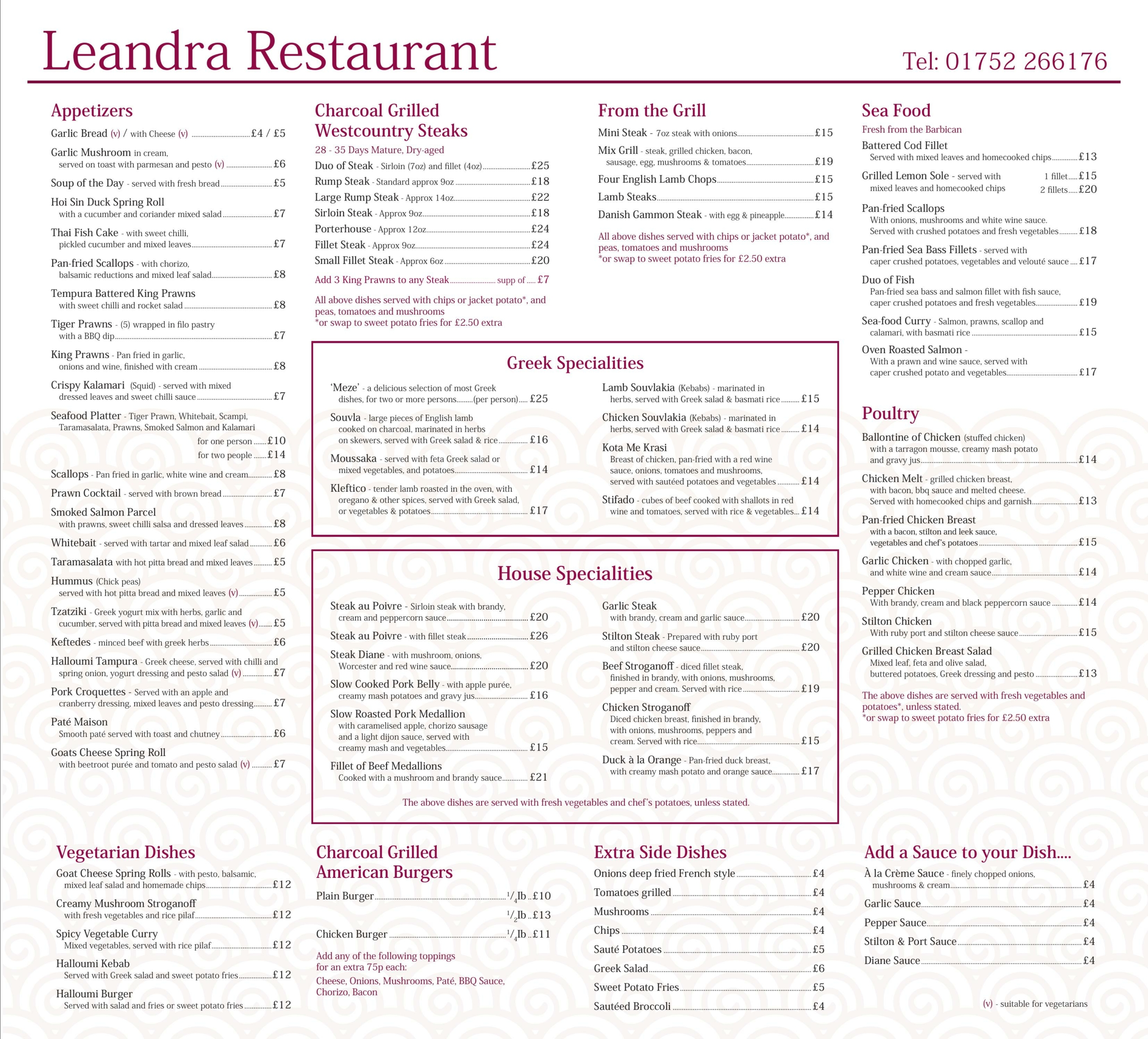 Leandra Restaurant - main menu