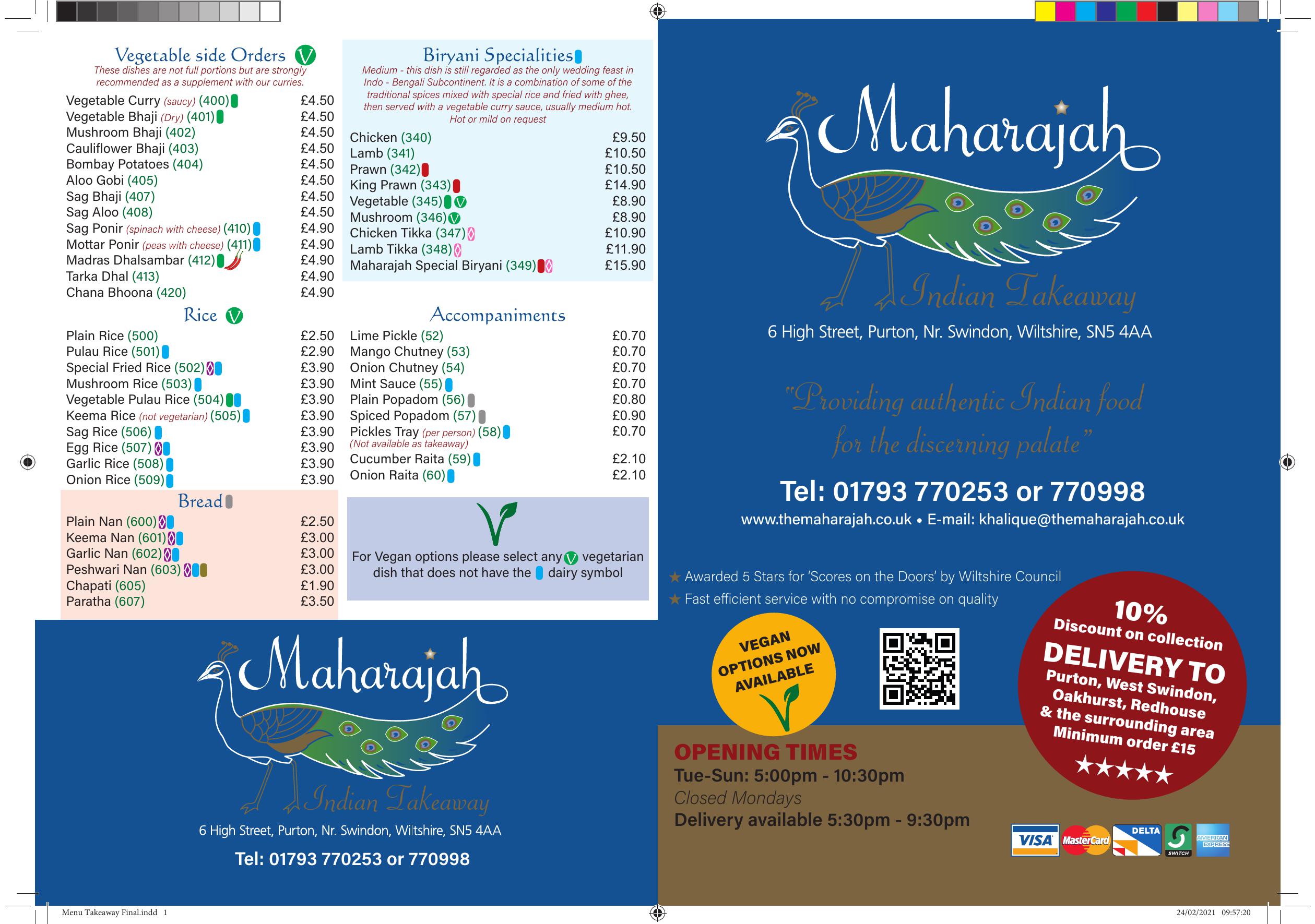 Maharajah Tandoori and Balti Restaurant - main menu