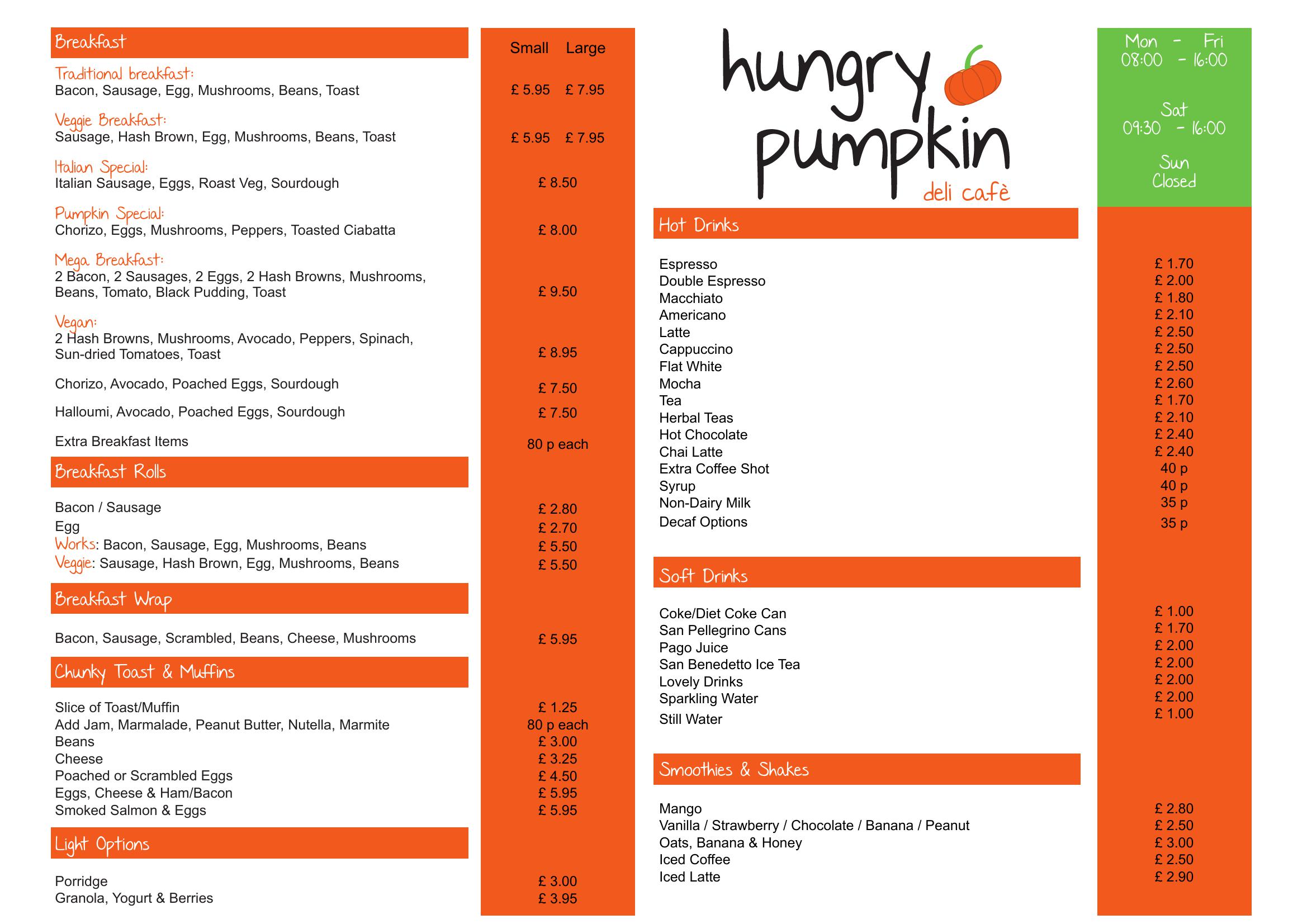 Hungry Pumpkin cafe - main menu