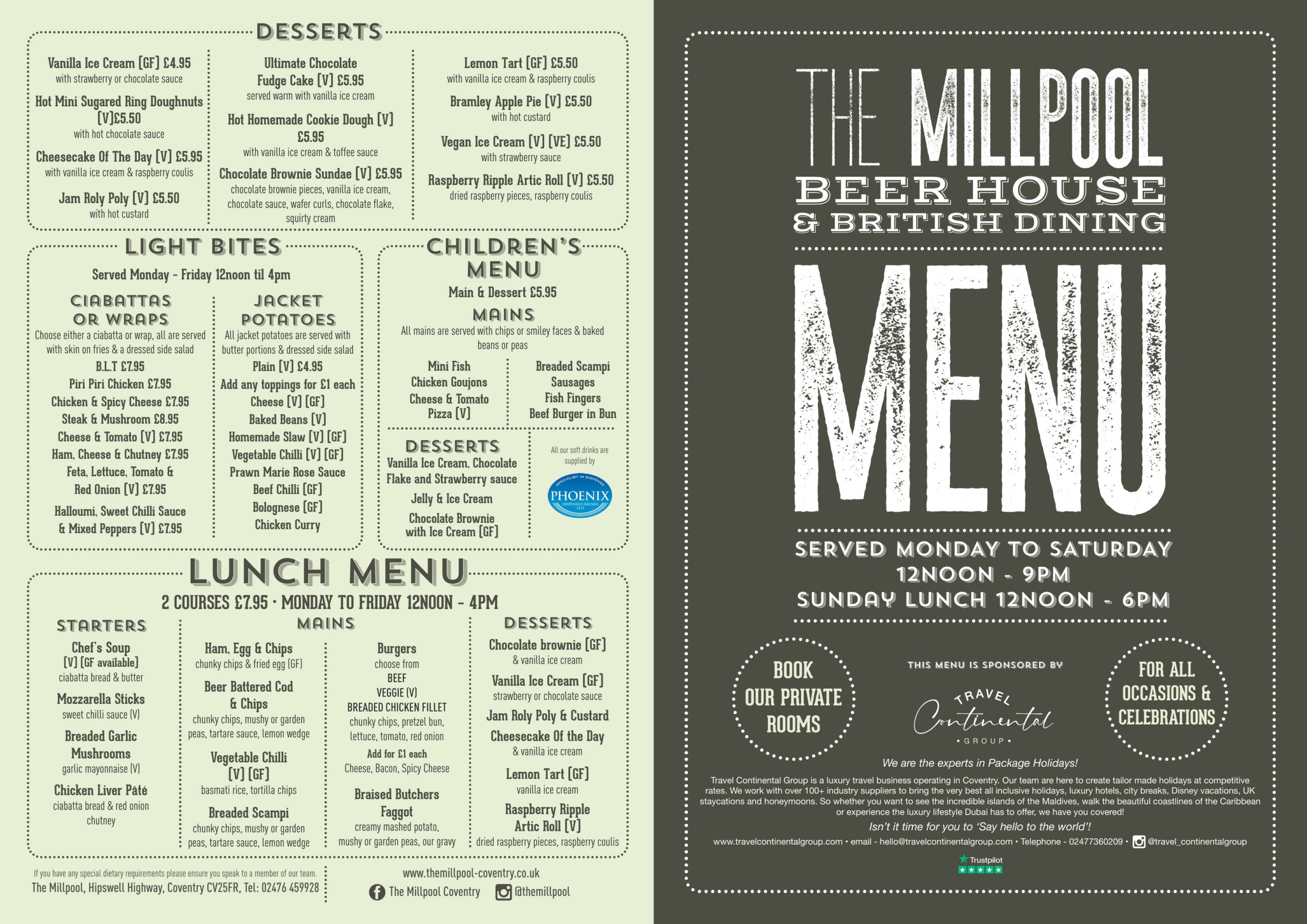 The Millpool Beer House and Eatery Coventry - main menu