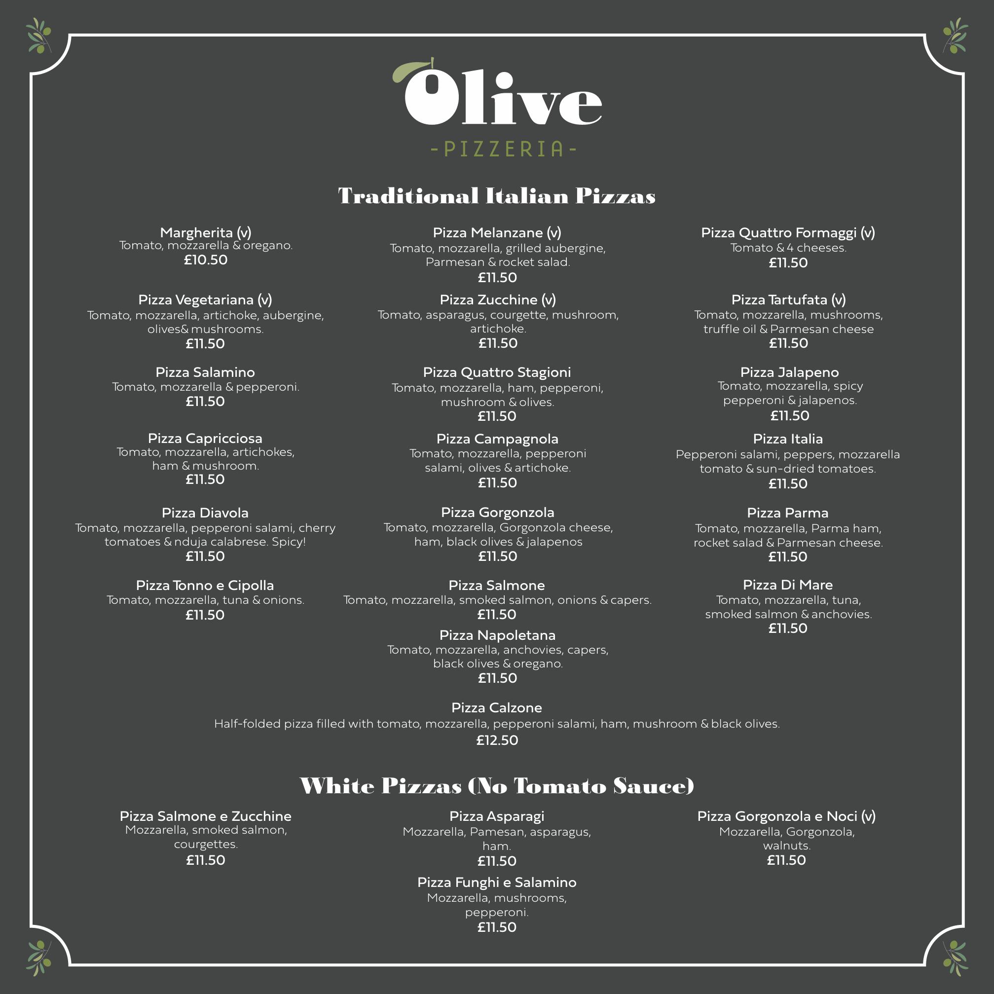 Olive Pizzeria Italian cuisine - main menu