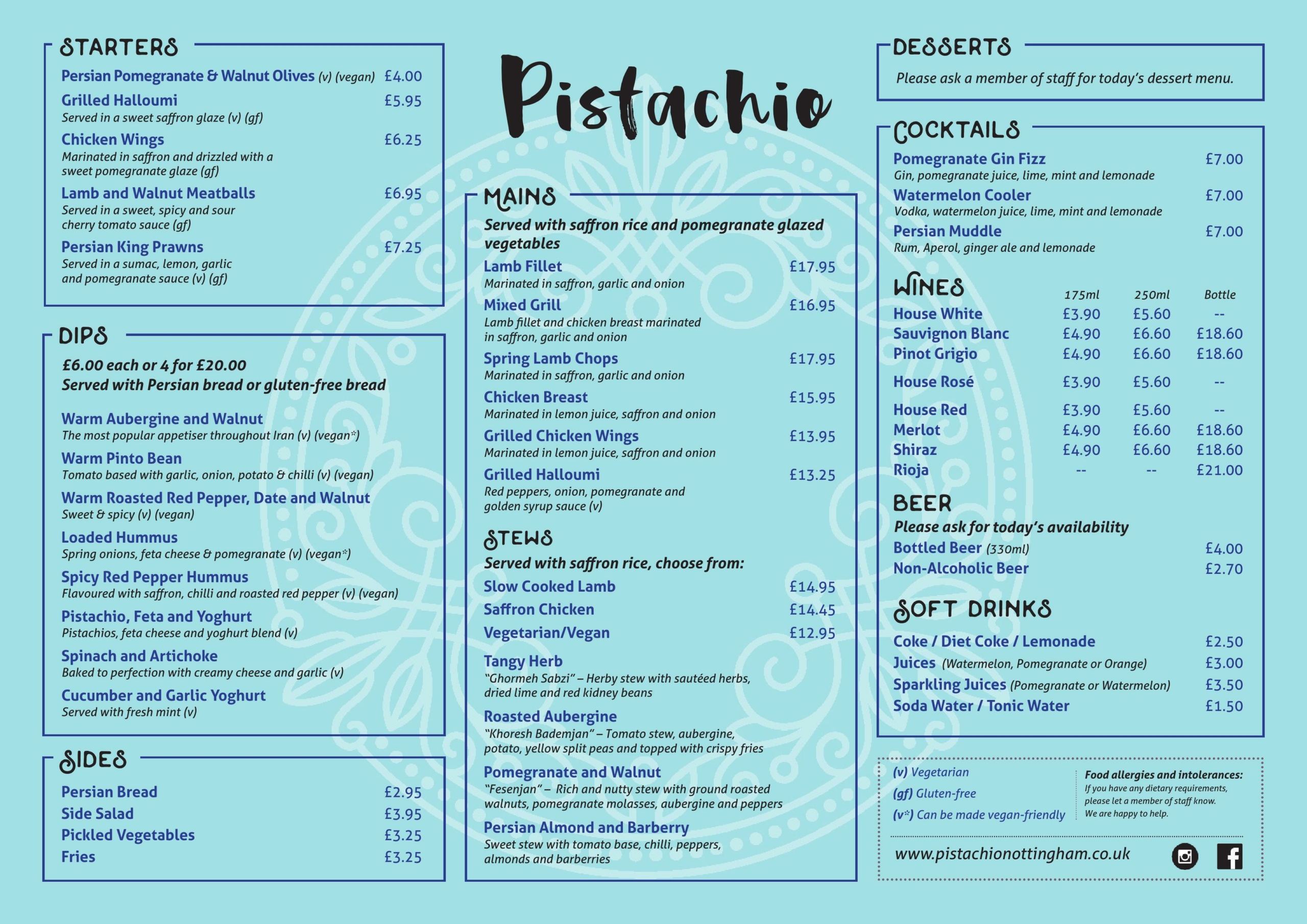 Pistachio Persian cuisine - main menu