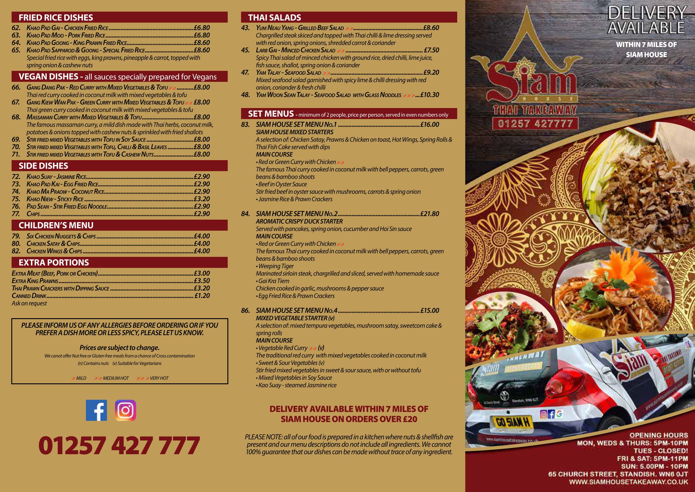 Siam House Thai Takeaway - main menu