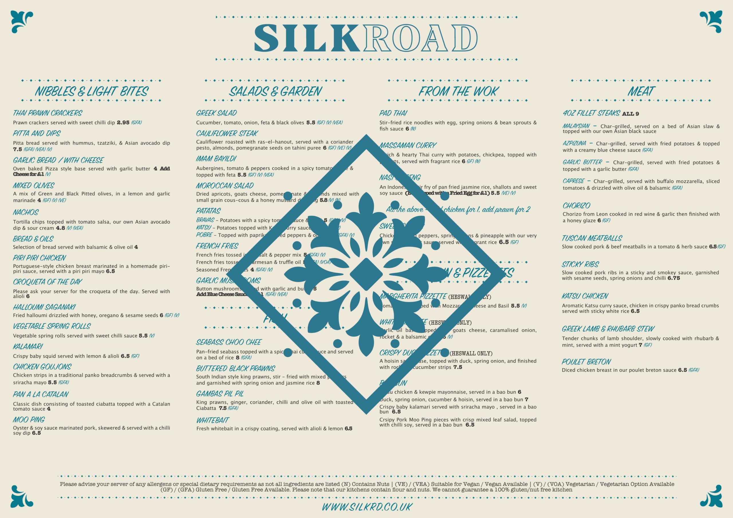Silk Rd Tapas restaurant Wirral - main menu