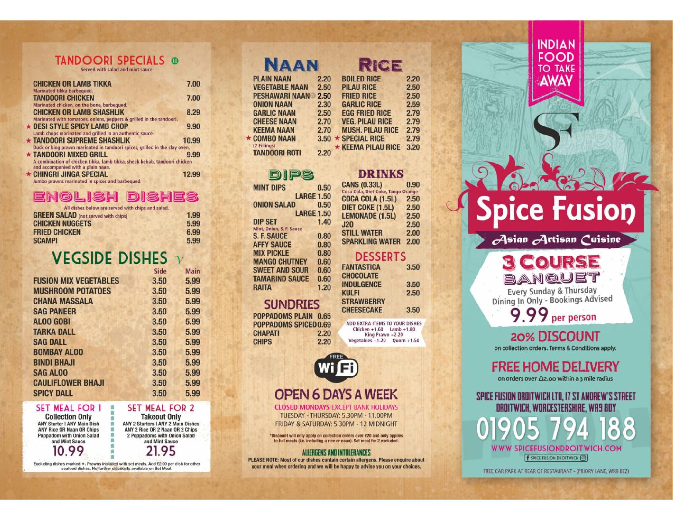 Spice Fusion Indian Droitwich - main menu