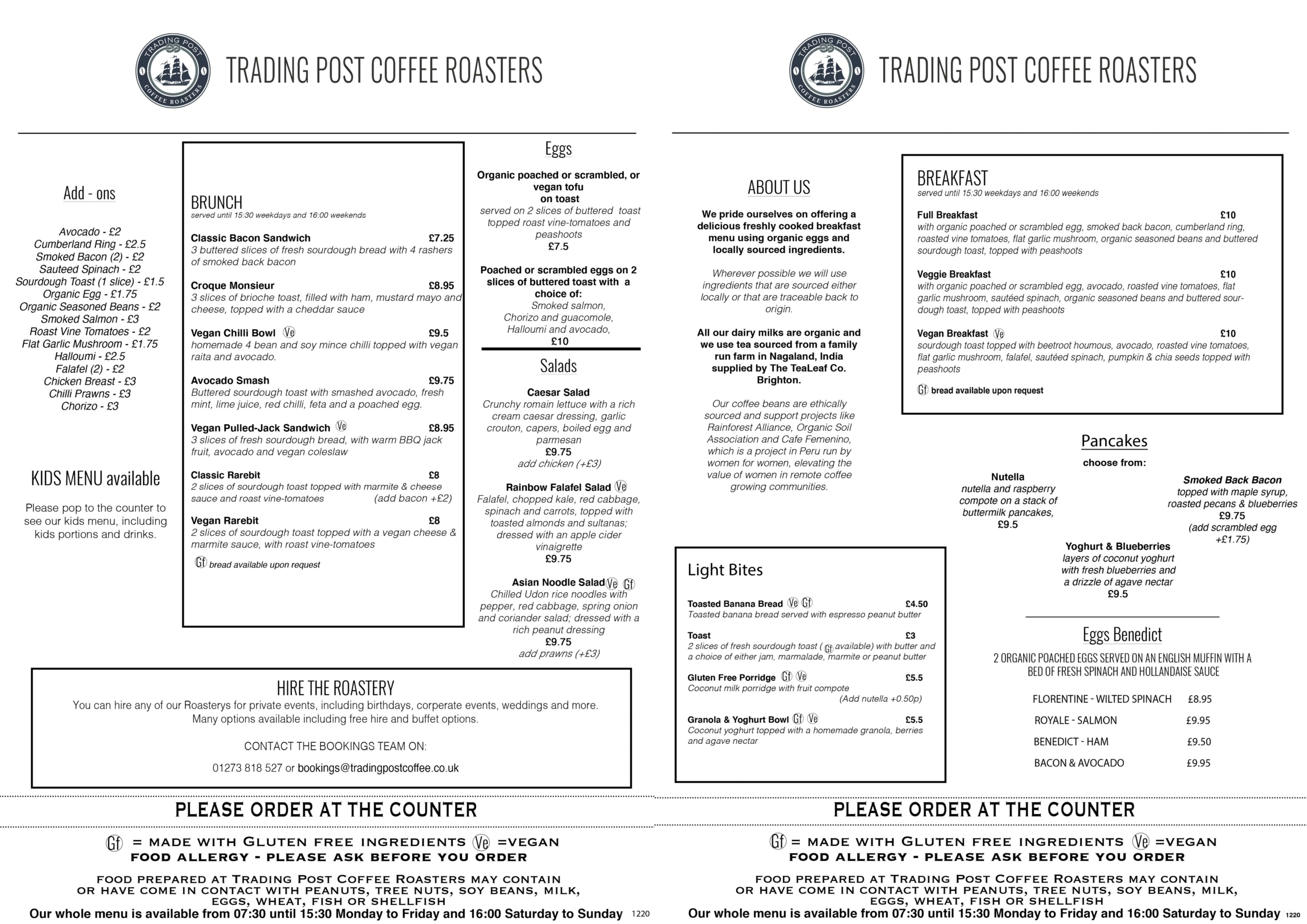 Trading Post Coffee Roasters Brighton - main menu