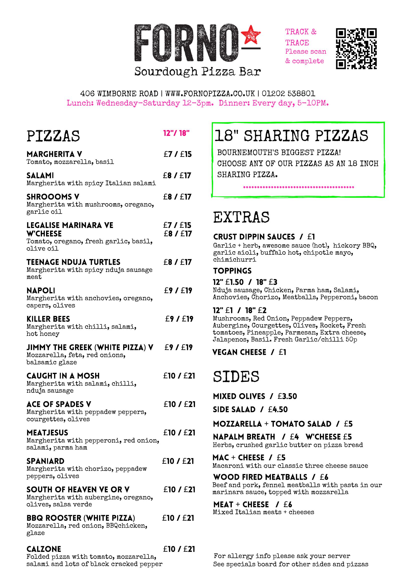 Forno sourdough pizza bar - main menu