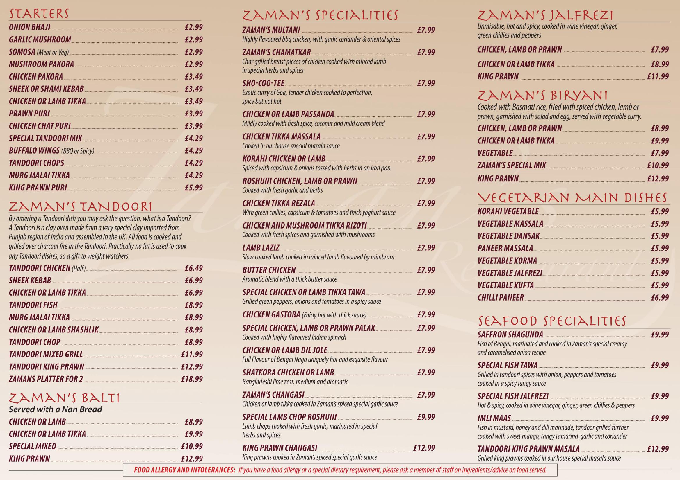 Zaman’s Indian Restaurant - main menu