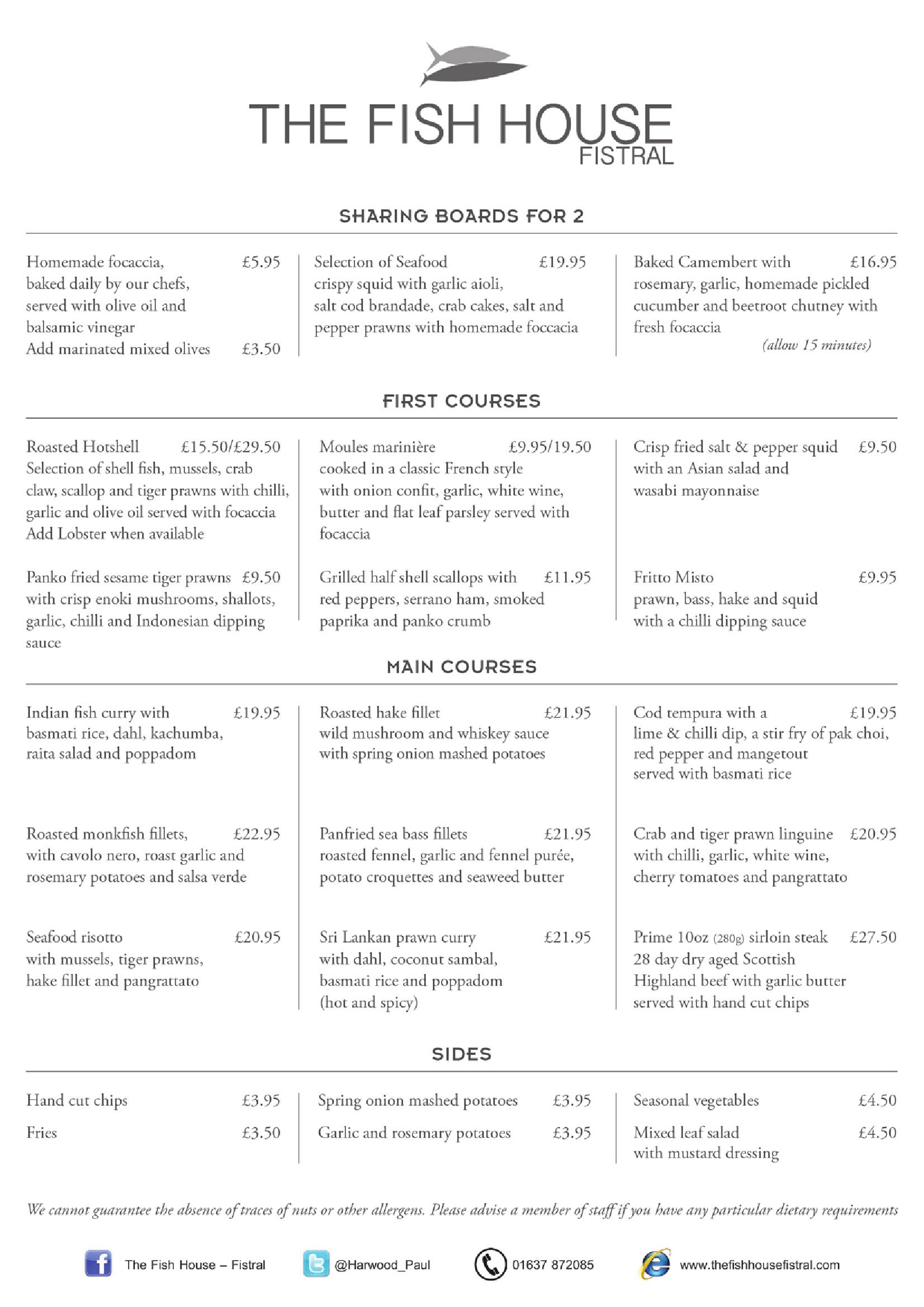 The Fish House seafood restaurant Newquay - main menu