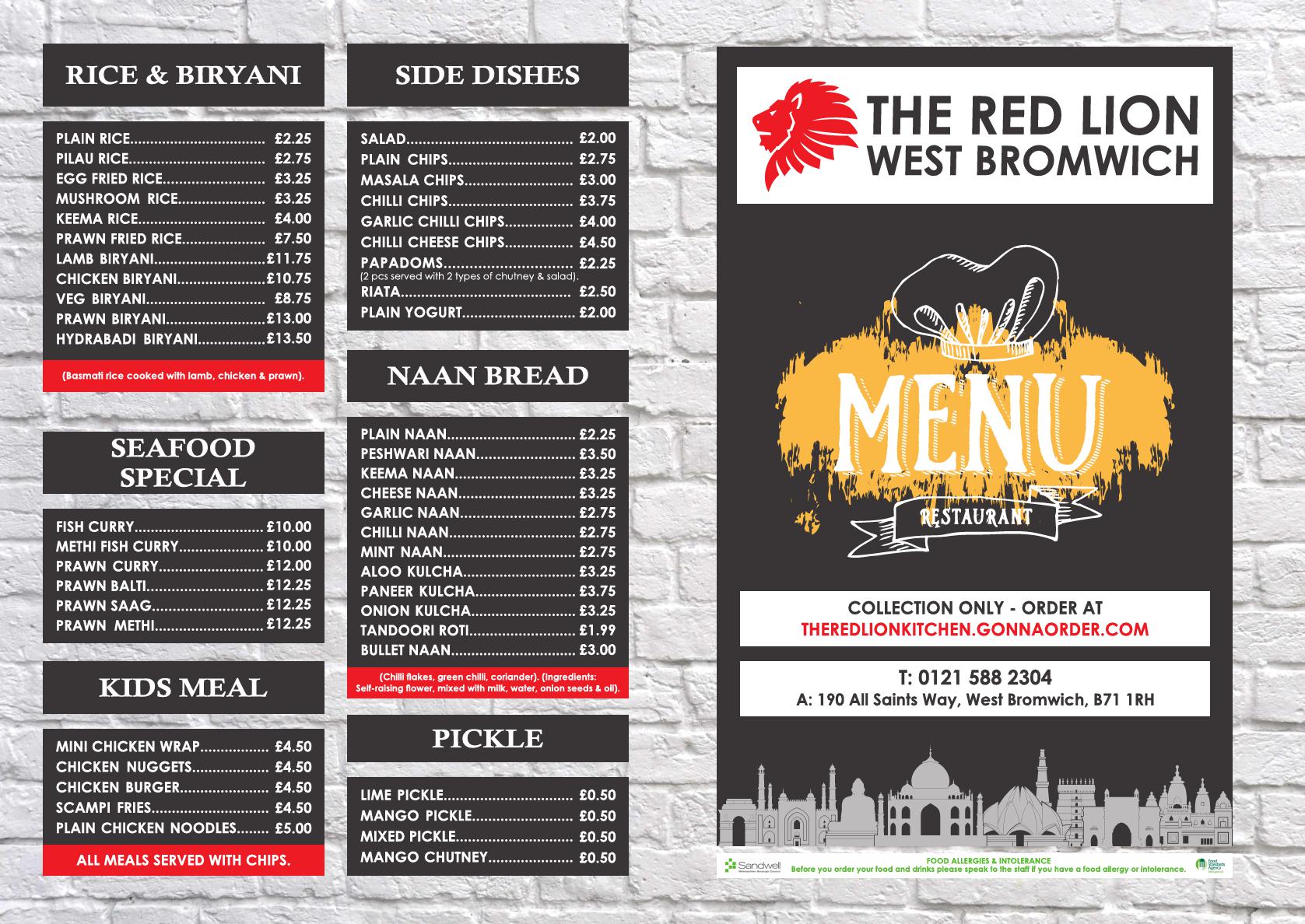 Red Lion Desi Pub - main menu