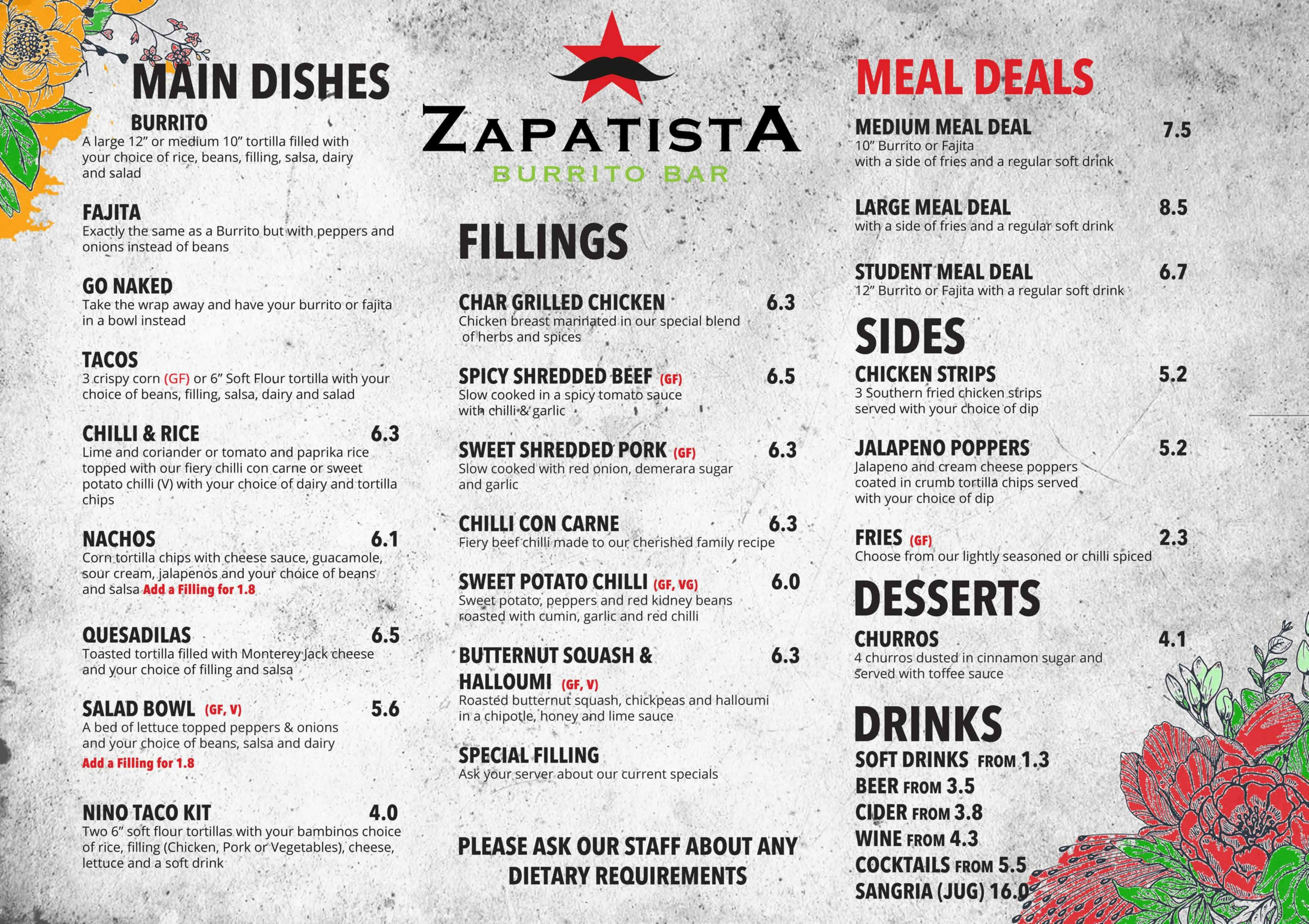 Zapatista Burrito Bar & Mexican restauran - main menu