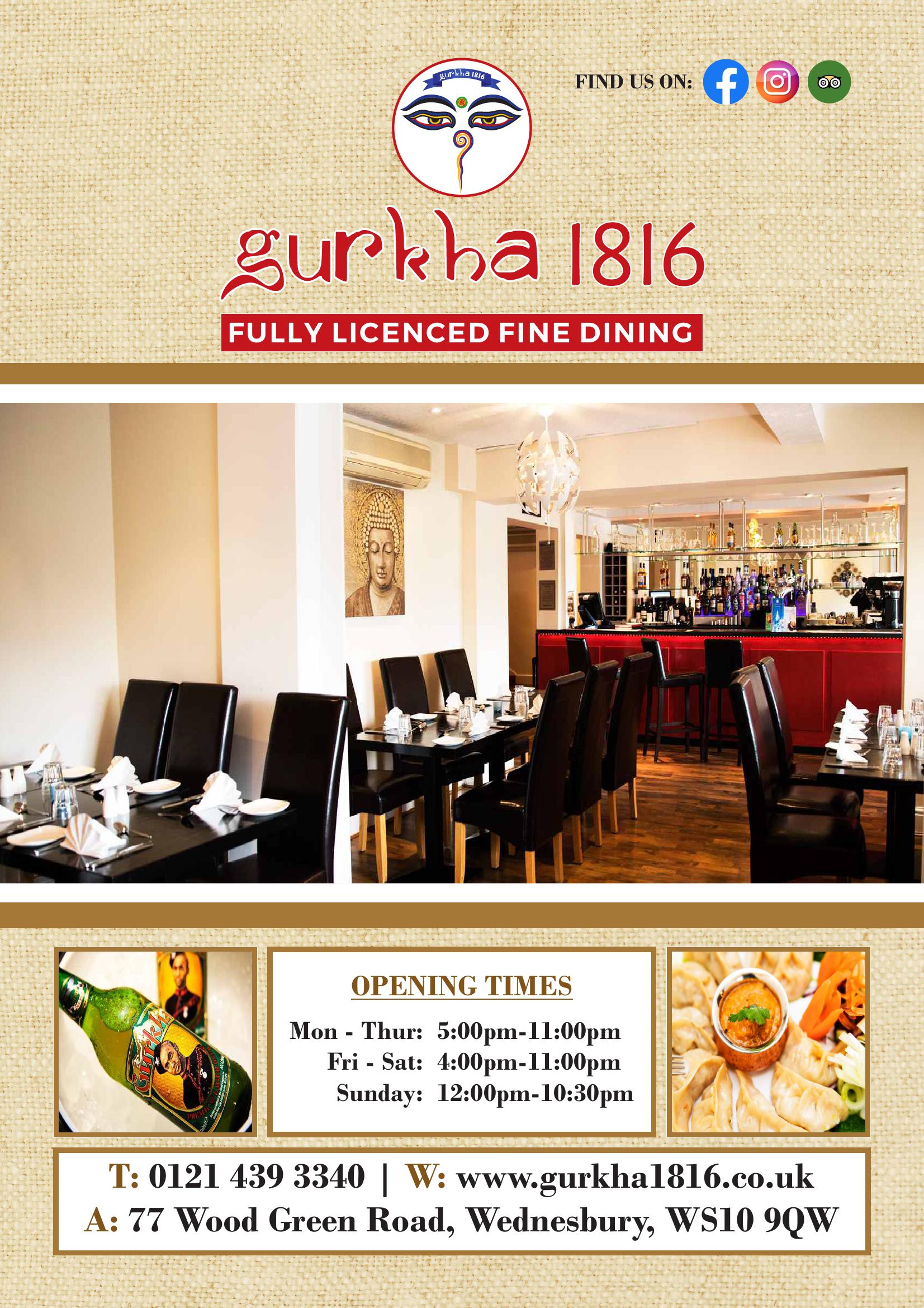 Gurkha 1816 Indian cuisine Wednesbury - main menu