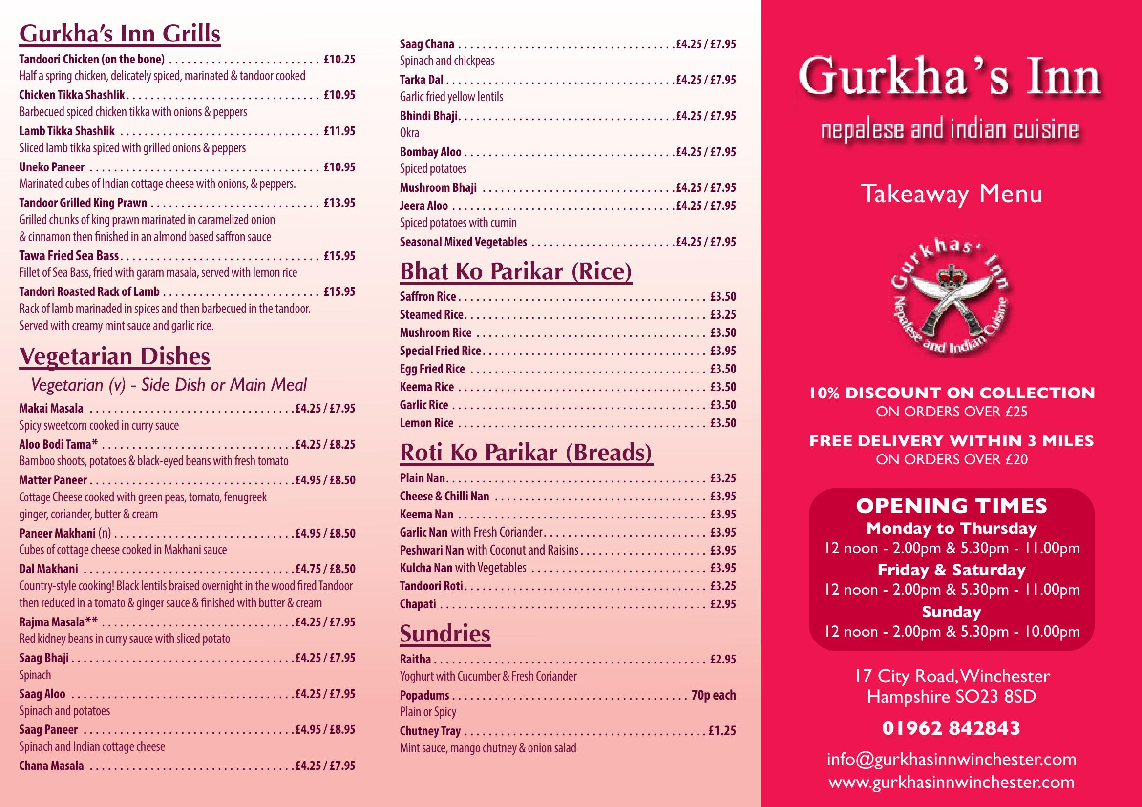 Gurkha’s inn Nepalese & indian cuisine - main menu