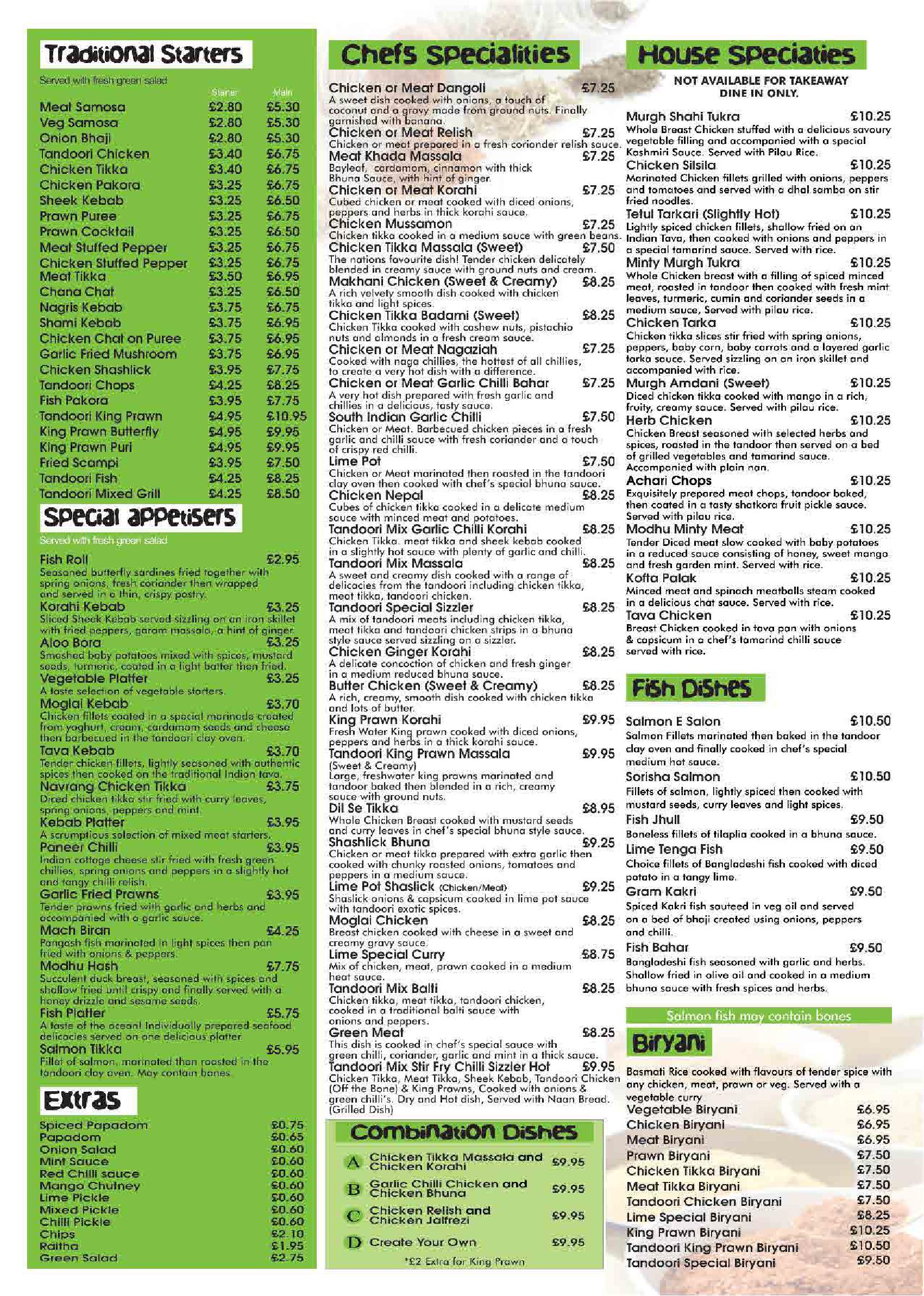 Lime Contemporary Indian Cuisine Sedgley Dudley - main menu