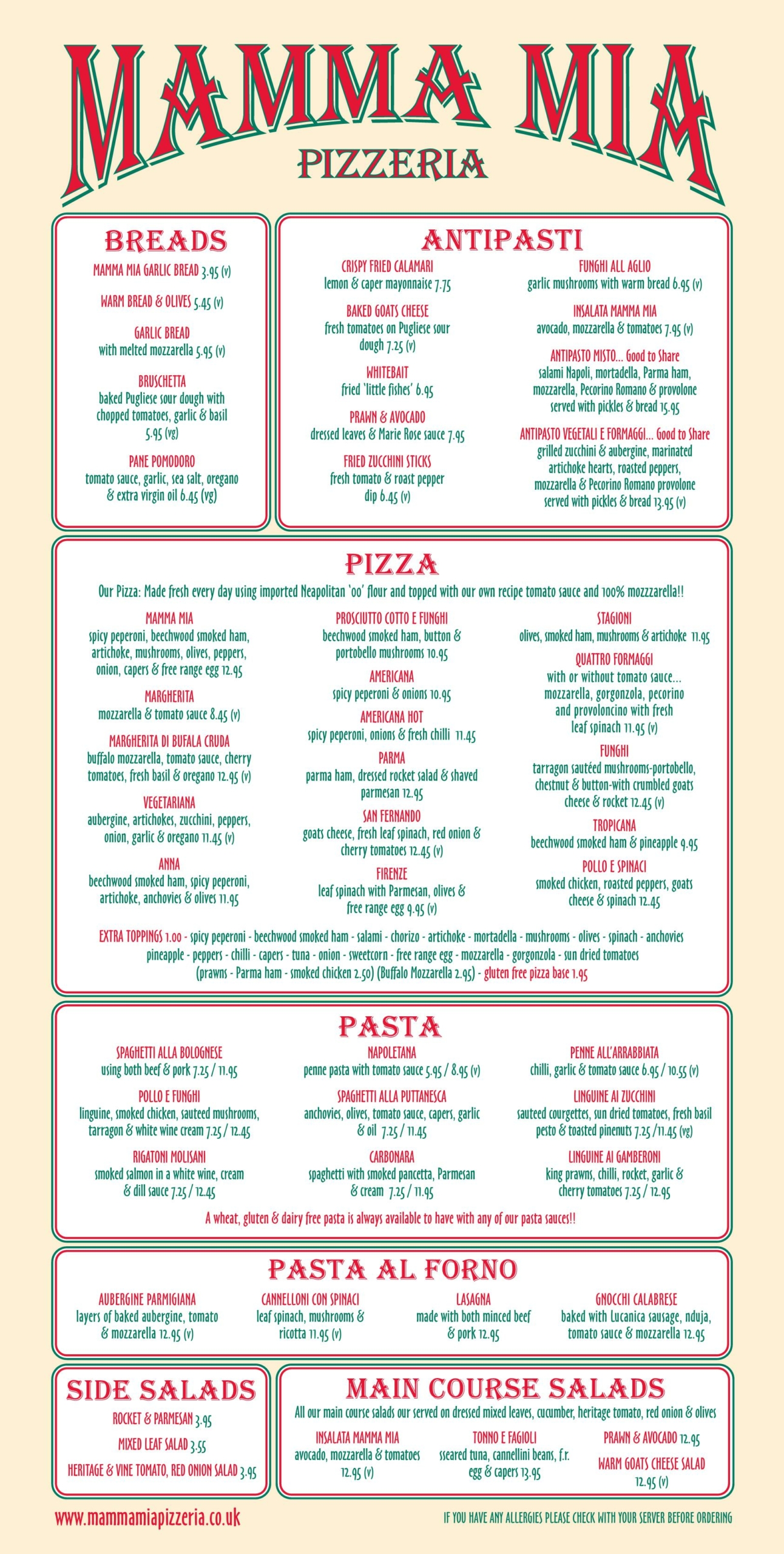 Mamma Mia Pizzeria Italian restaurant - main menu