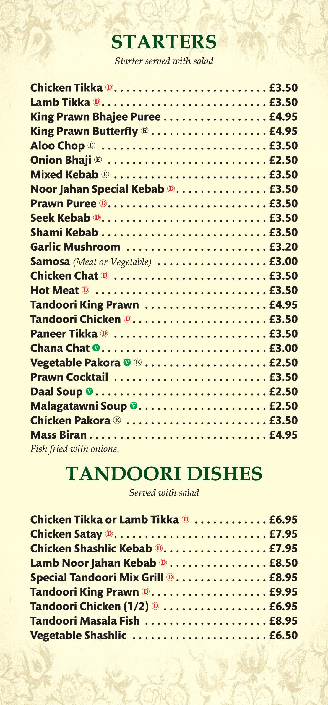 Noor Jahan Indian Restaurant - main menu