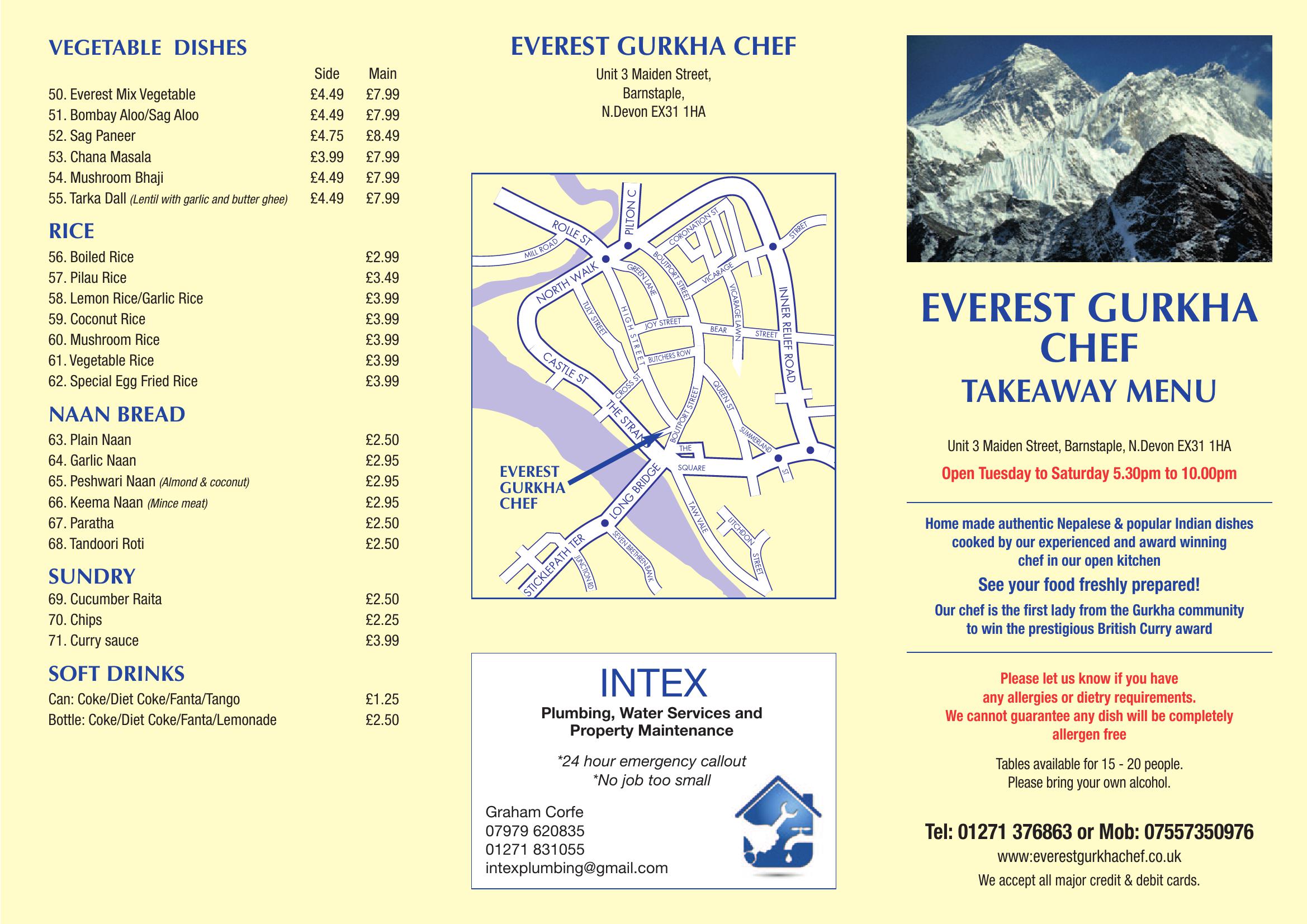 Everest Gurkha Chef Nepalese & Indian restaurant - main menu