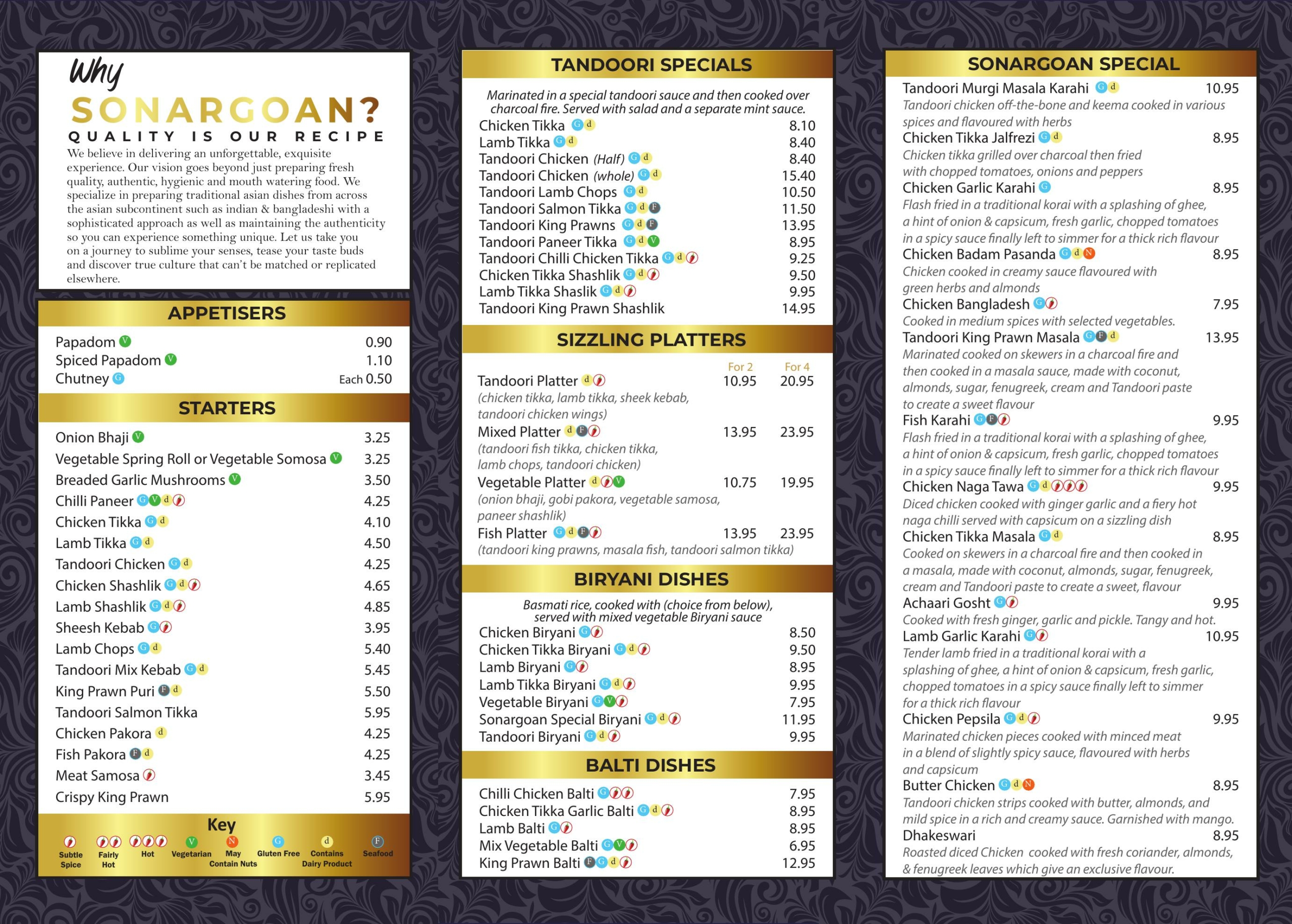 Sonargaon Indian and Bangladeshi restaurant Coventry - main menu