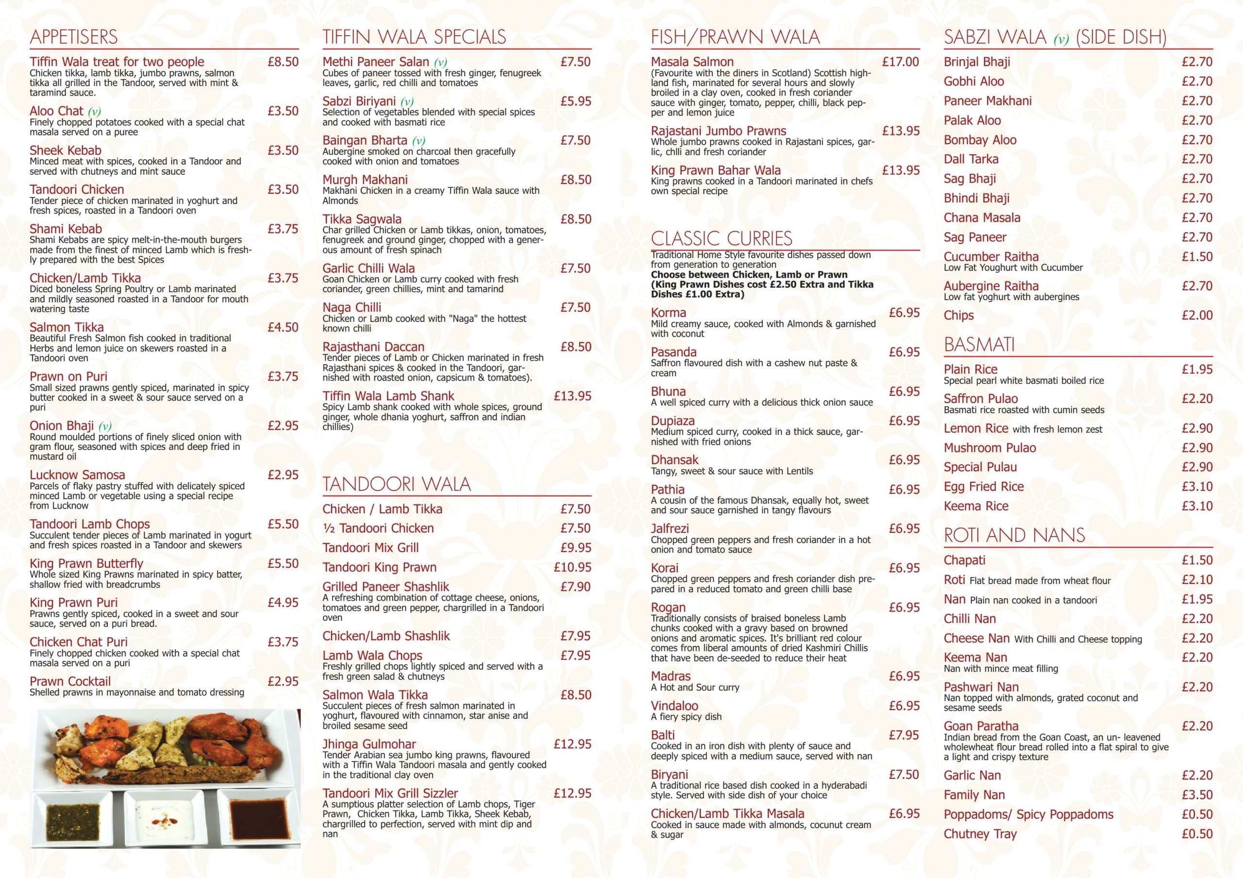 Tiffin Wala Indian restaurant and takeaway - main menu