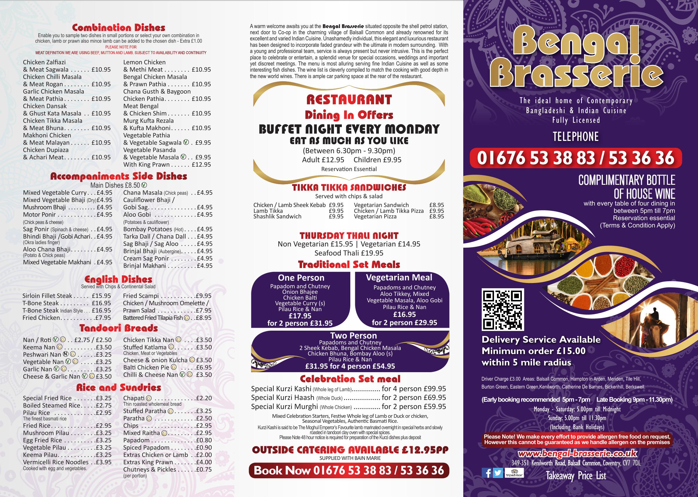 Bengal Brasserie Indian Cuisine Balsall Common Coventry - main menu