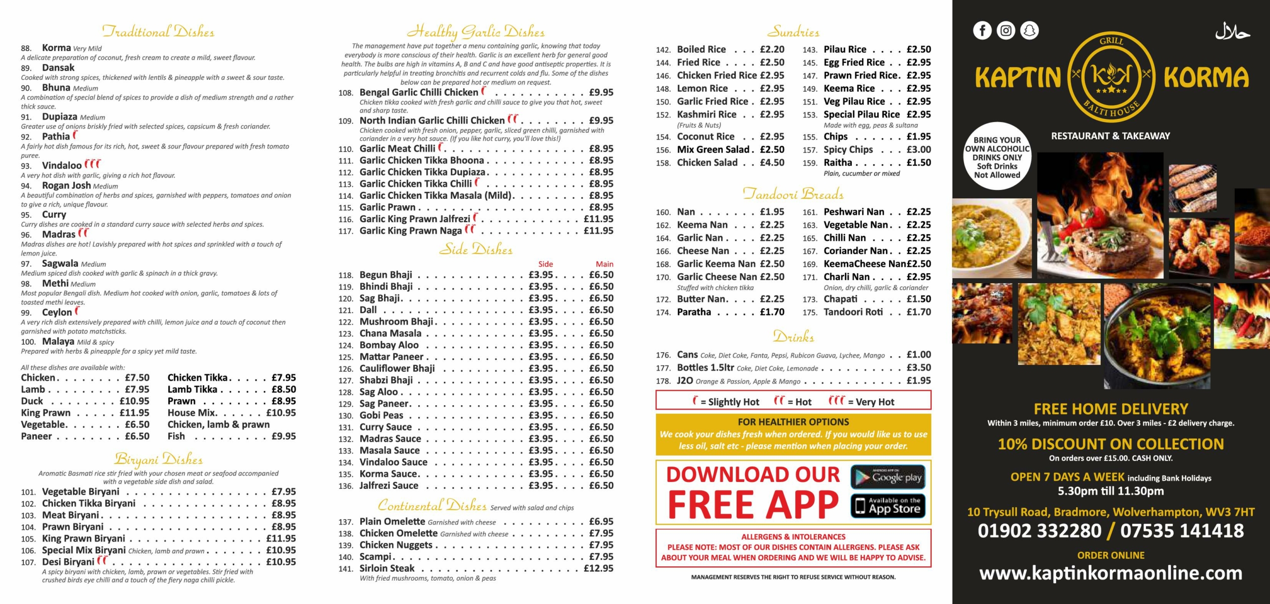 Kaptin Korma Indian Restaurant Takeaway Wolverhampton - main menu