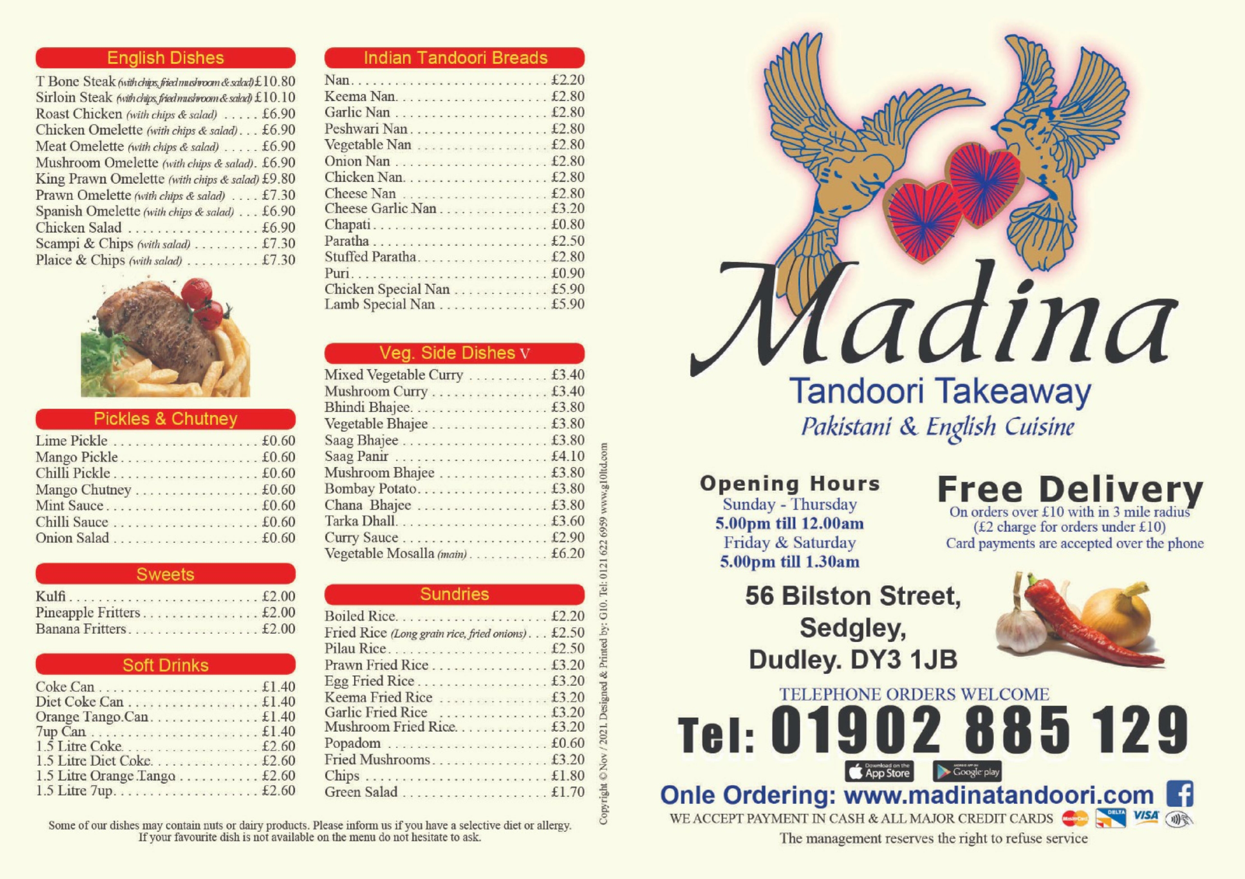 Madina Pakistani and English takeaway in Sedgley Dudley - main menu